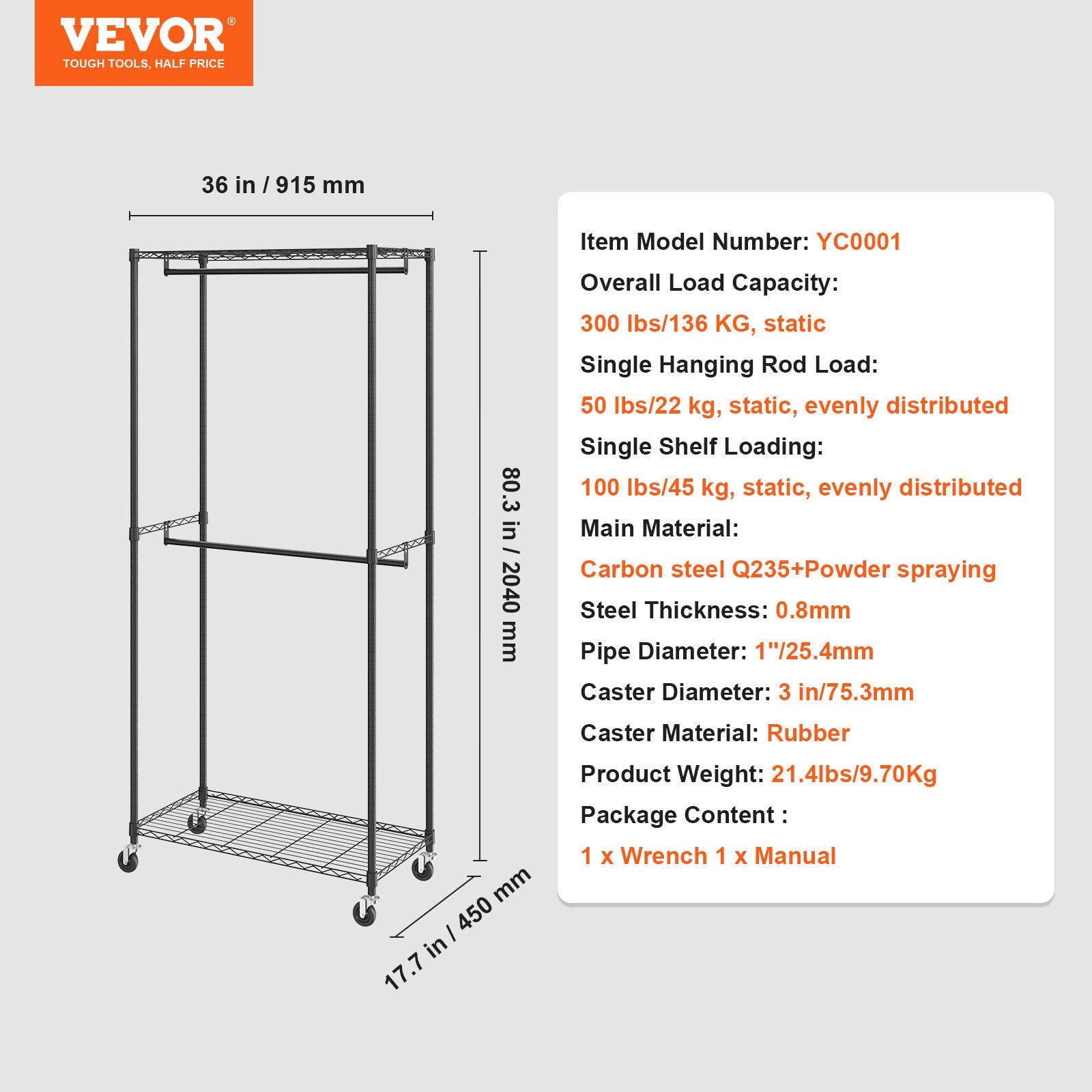 Heavy Duty Clothes Rack, Double Hanging Rods Clothing Garment Rack with Bottom and Top Storage Tier, Rolling Clothing Rack for Hanging Clothes, 1'' Diameter Thicken Steel Tube Hold Up to 300Lbs