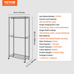 Heavy Duty Clothes Rack, Double Hanging Rods Clothing Garment Rack with Bottom and Top Storage Tier, Rolling Clothing Rack for Hanging Clothes, 1'' Diameter Thicken Steel Tube Hold Up to 300Lbs