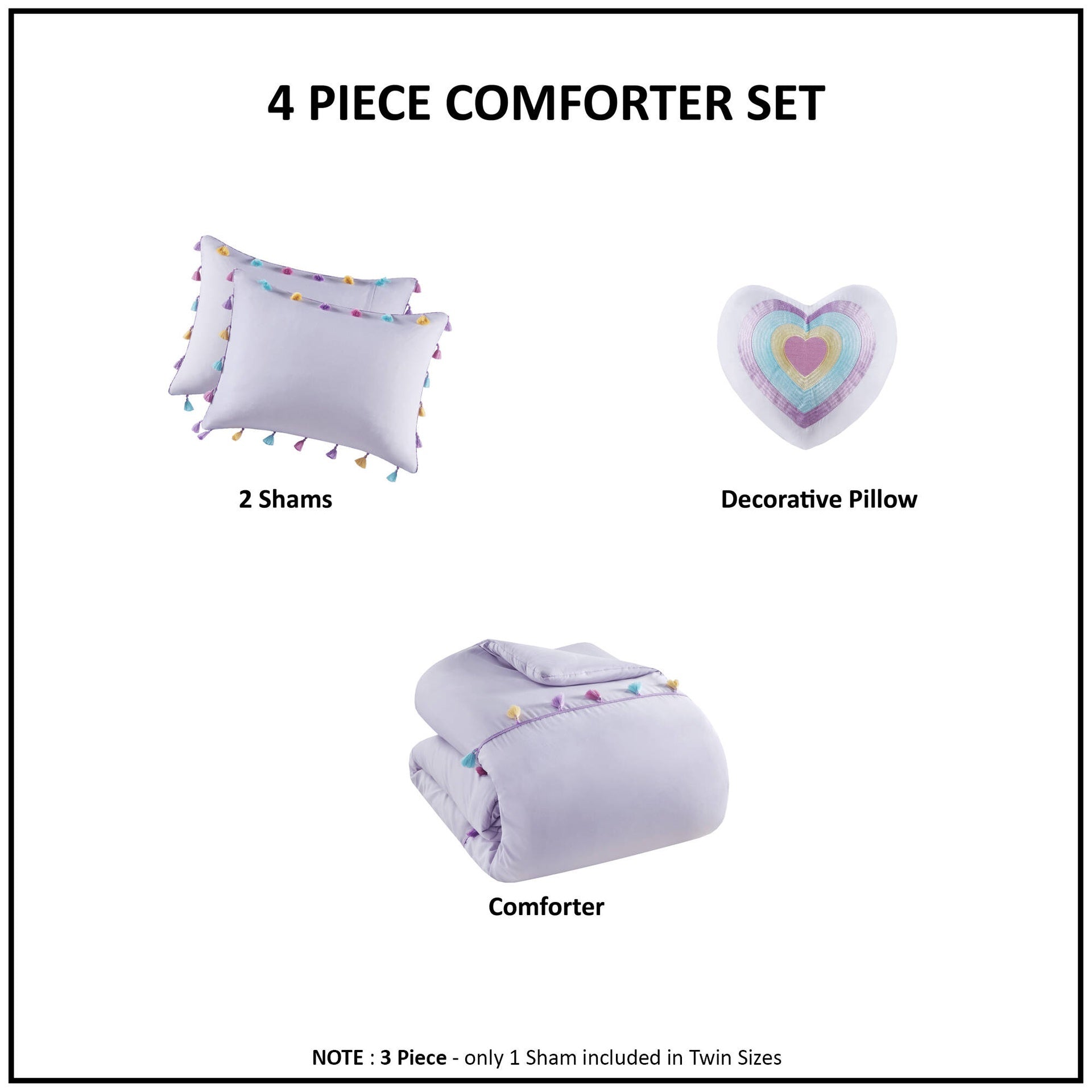 Tassel Comforter Set with Heart Shaped Throw Pillow Full/Queen