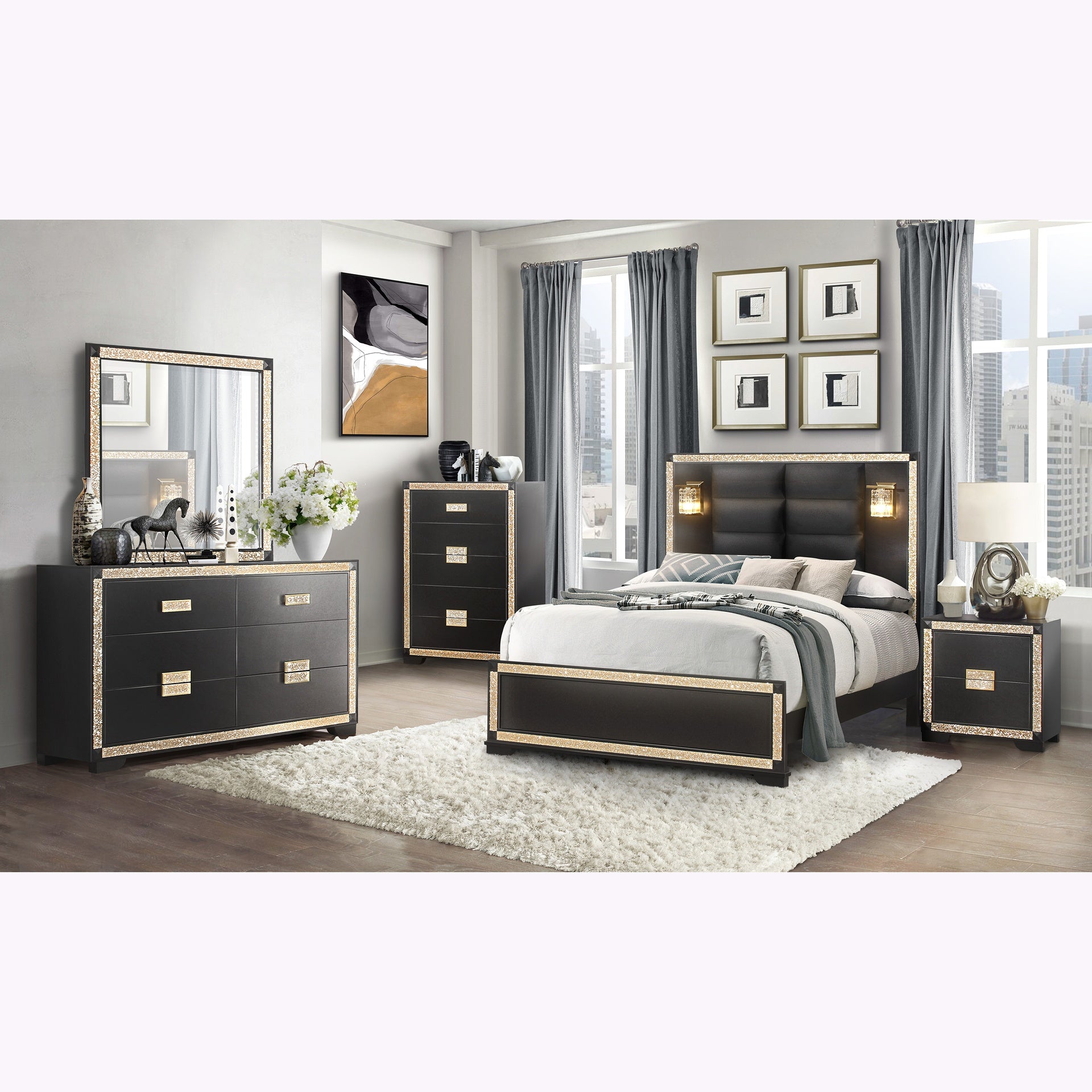 LIVELY BLACK/GOLD QUEEN BEDROOM SET