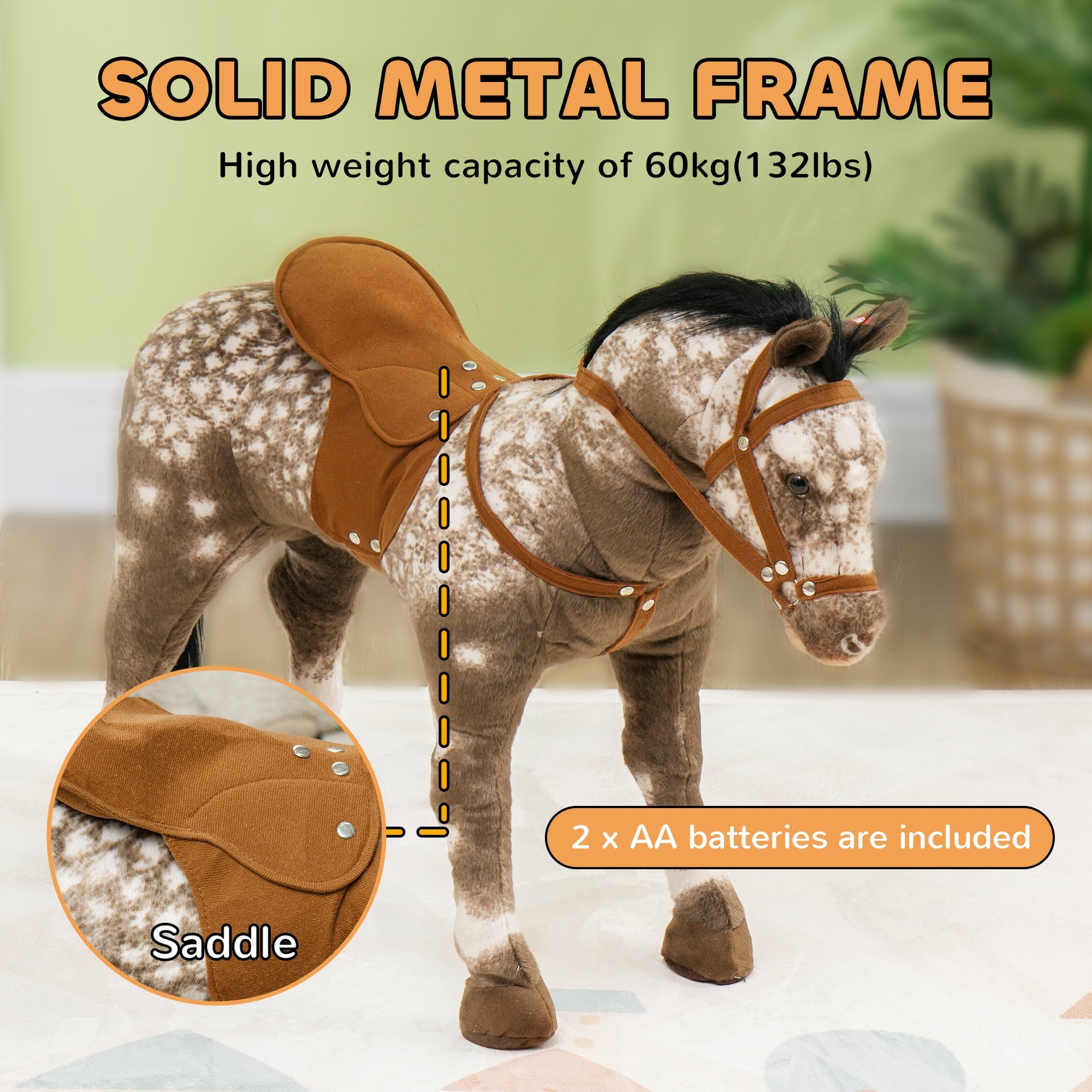 Qaba Ride on Horse, Riding Horse with Neighing Sound, Saddle, Stirrups, Ride on Animal for Kids Boys Girls 3-8 Years Old, Brown