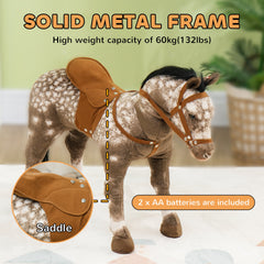 Qaba Ride on Horse, Riding Horse with Neighing Sound, Saddle, Stirrups, Ride on Animal for Kids Boys Girls 3-8 Years Old, Brown
