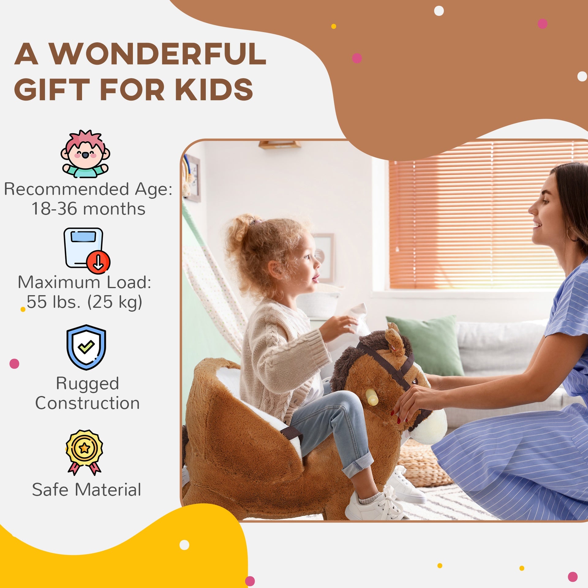 Qaba Baby Rocking Horse, Plush Animal Rocker with Sound, Wooden Base, & Safety Belt for Ages 18-36 Months, Brown
