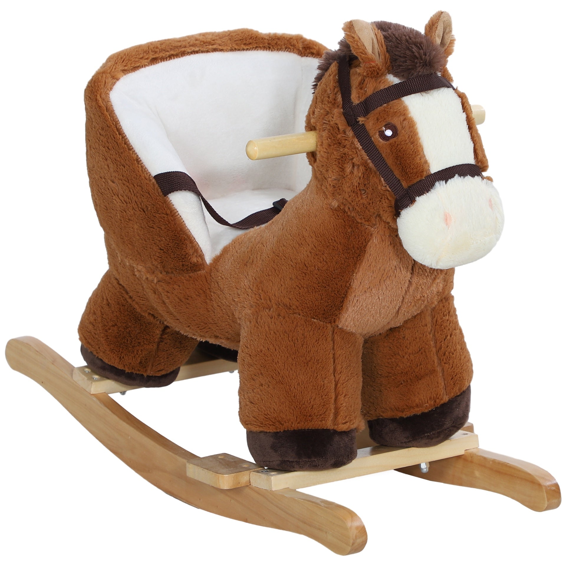 Qaba Baby Rocking Horse, Plush Animal Rocker with Sound, Wooden Base, & Safety Belt for Ages 18-36 Months, Brown