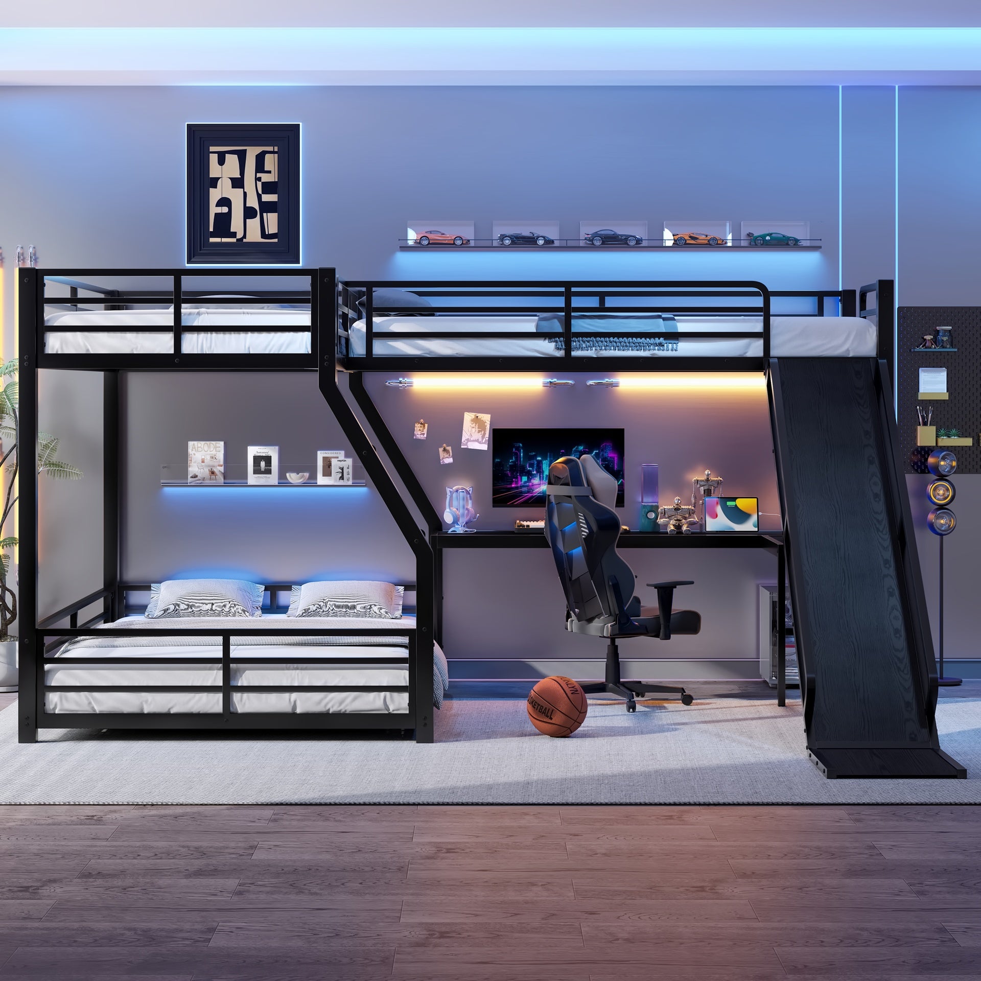 L-Shaped Twin over Full Bunk Bed with Twin Size Loft Bed, Metal Triple Bunk Bed with Slide and USB Ports, Space-saving and Noise-free Design, Black