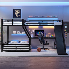 L-Shaped Twin over Full Bunk Bed with Twin Size Loft Bed, Metal Triple Bunk Bed with Slide and USB Ports, Space-saving and Noise-free Design, Black