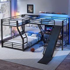 L-Shaped Twin over Full Bunk Bed with Twin Size Loft Bed, Metal Triple Bunk Bed with Slide and USB Ports, Space-saving and Noise-free Design, Black