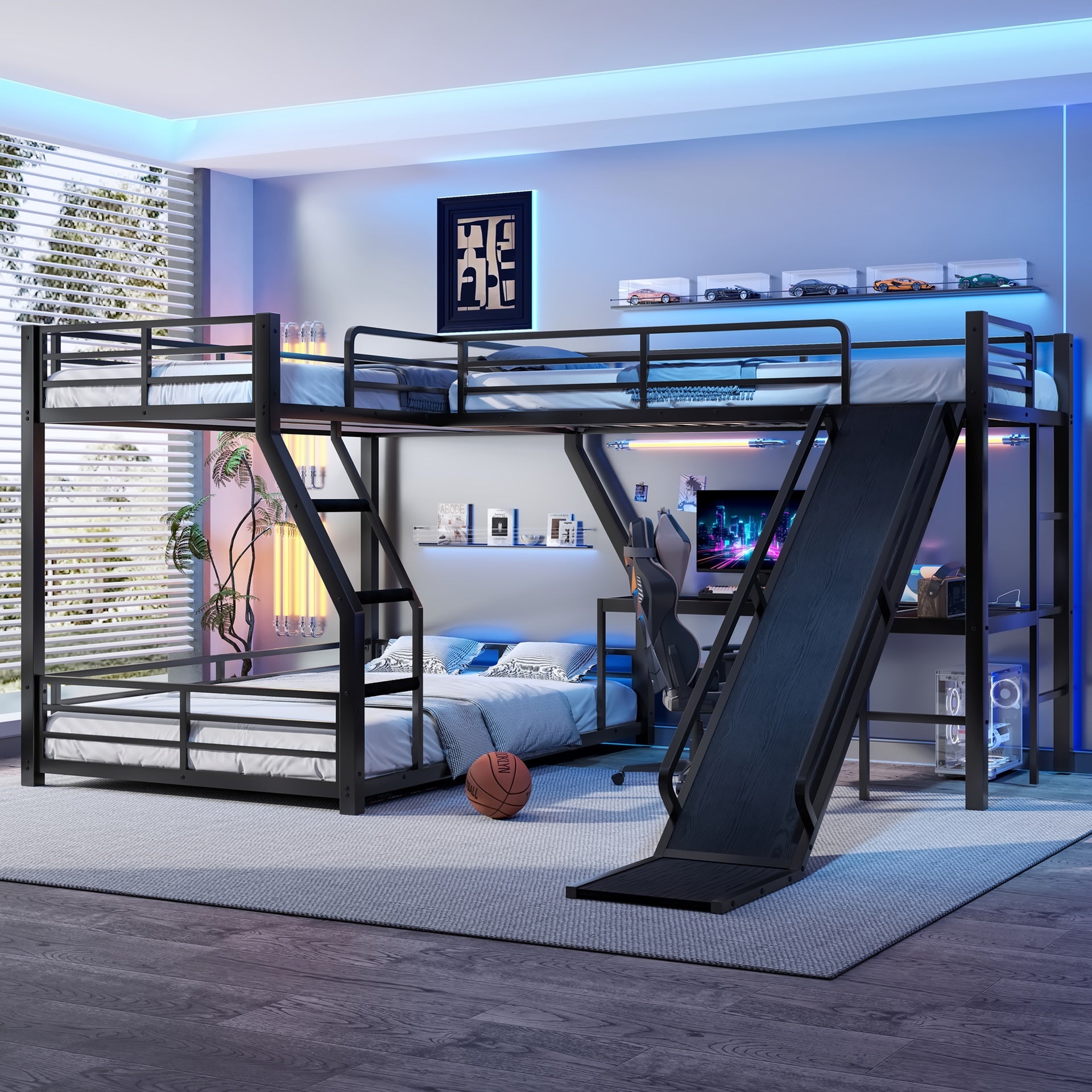 L-Shaped Twin over Full Bunk Bed with Twin Size Loft Bed, Metal Triple Bunk Bed with Slide and USB Ports, Space-saving and Noise-free Design, Black