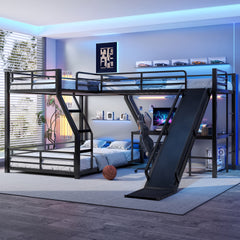 L-Shaped Twin over Full Bunk Bed with Twin Size Loft Bed, Metal Triple Bunk Bed with Slide and USB Ports, Space-saving and Noise-free Design, Black