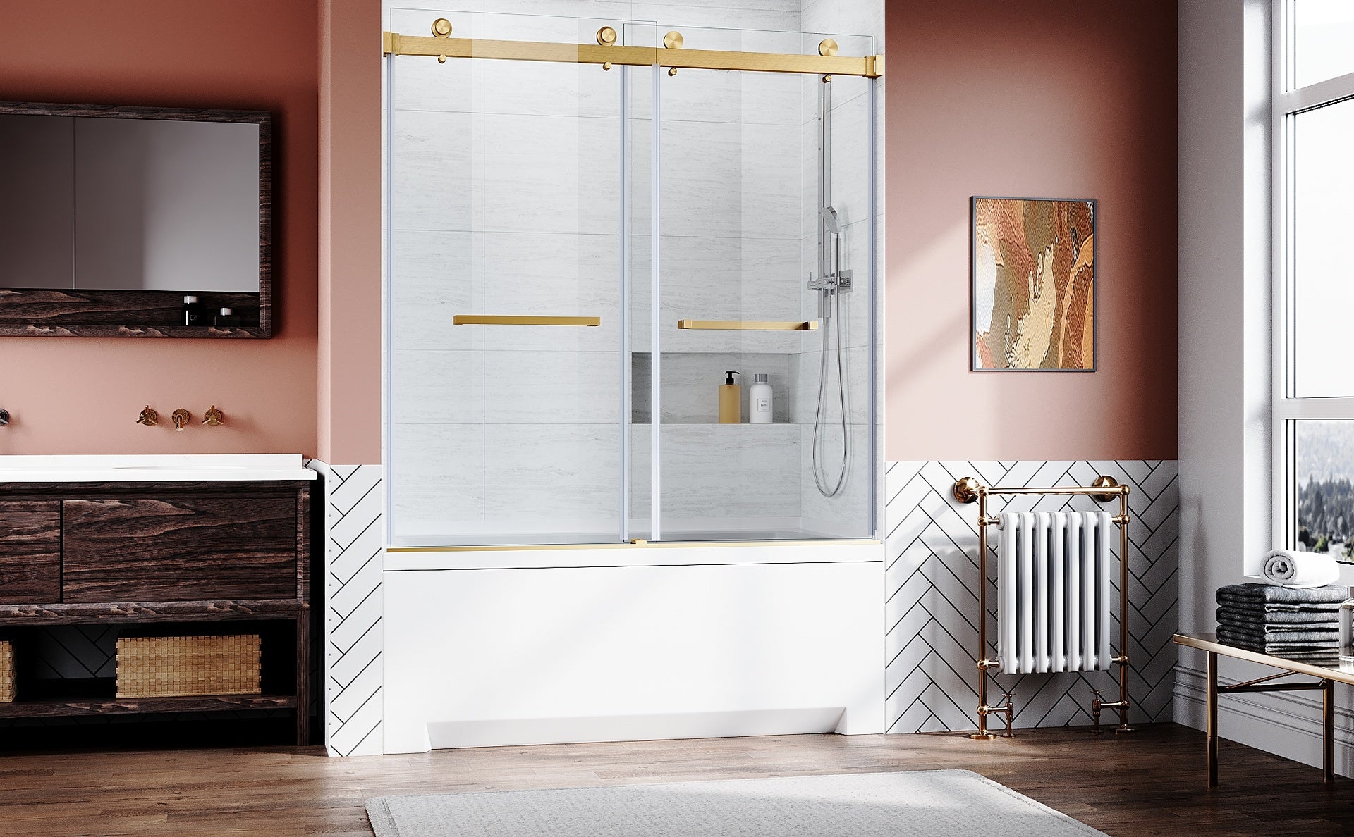 Frameless Sliding Bathtub Door 56-60 in.W x 62 in.H,Bypass Tub Glass Sliding Shower Doors,3/8"(10mm) Thick Clear Tempered Glass,Heavy Duty Stainless Steel Hardwares,2pcs Rectangle Handles,Brushed Gold