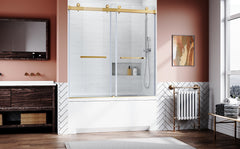 Frameless Sliding Bathtub Door 56-60 in.W x 62 in.H,Bypass Tub Glass Sliding Shower Doors,3/8"(10mm) Thick Clear Tempered Glass,Heavy Duty Stainless Steel Hardwares,2pcs Rectangle Handles,Brushed Gold