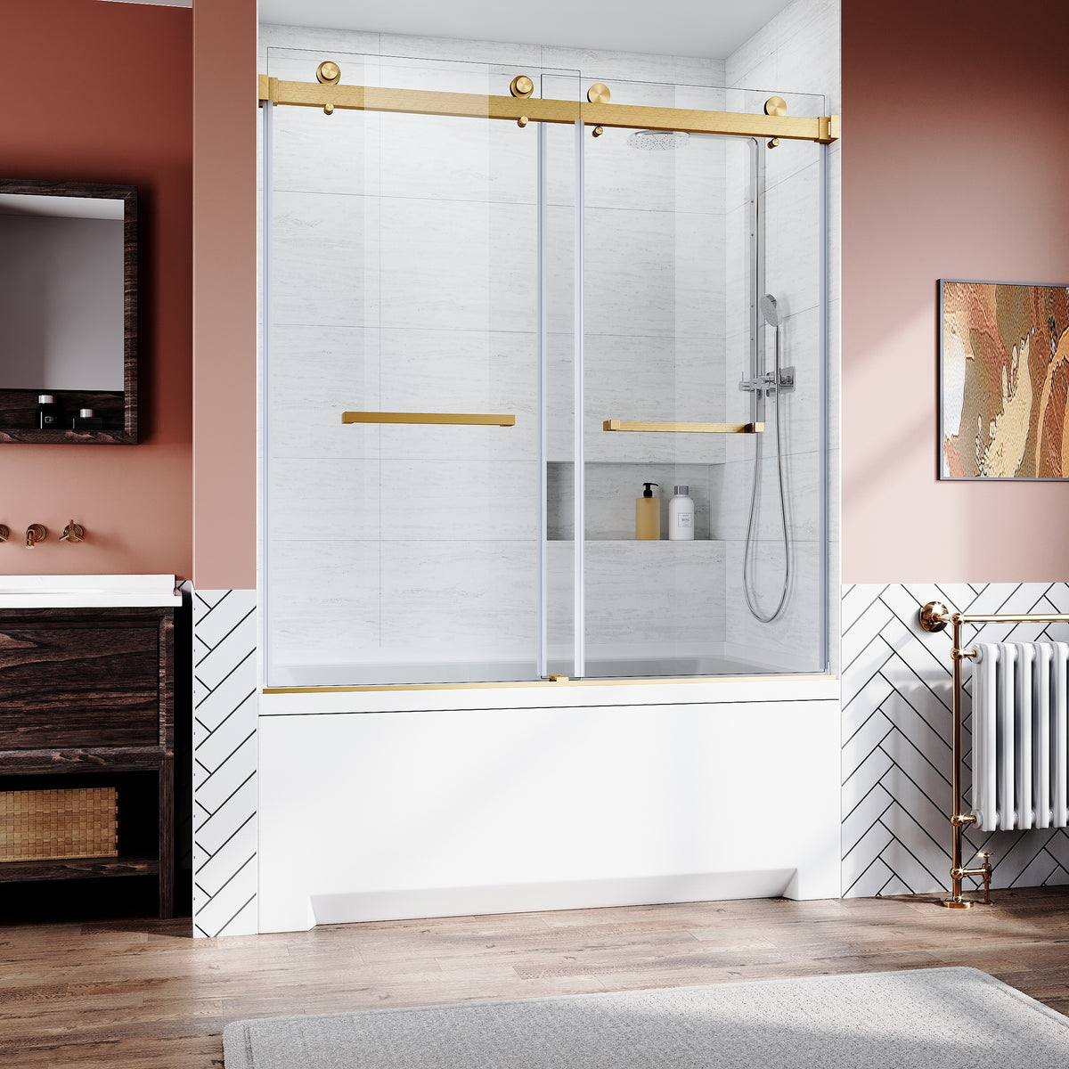 Frameless Sliding Bathtub Door 56-60 in.W x 62 in.H,Bypass Tub Glass Sliding Shower Doors,3/8"(10mm) Thick Clear Tempered Glass,Heavy Duty Stainless Steel Hardwares,2pcs Rectangle Handles,Brushed Gold