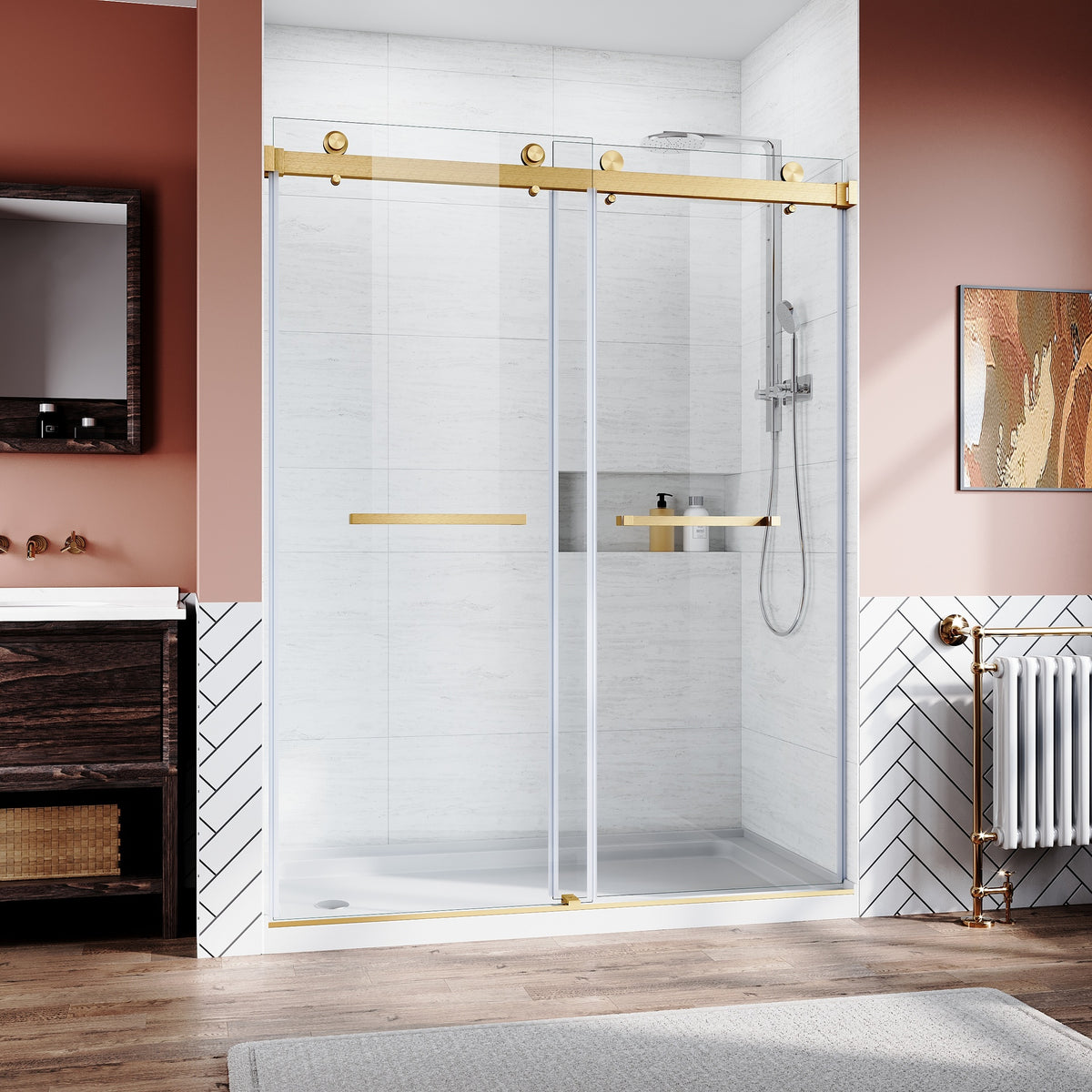 Frameless Sliding Shower Glass Door 56-60 in.W x 76 in. H,3/8"(10mm) Thick Clear Tempered Glass,Heavy Duty Stainless Steel Hardwares,Brushed Gold