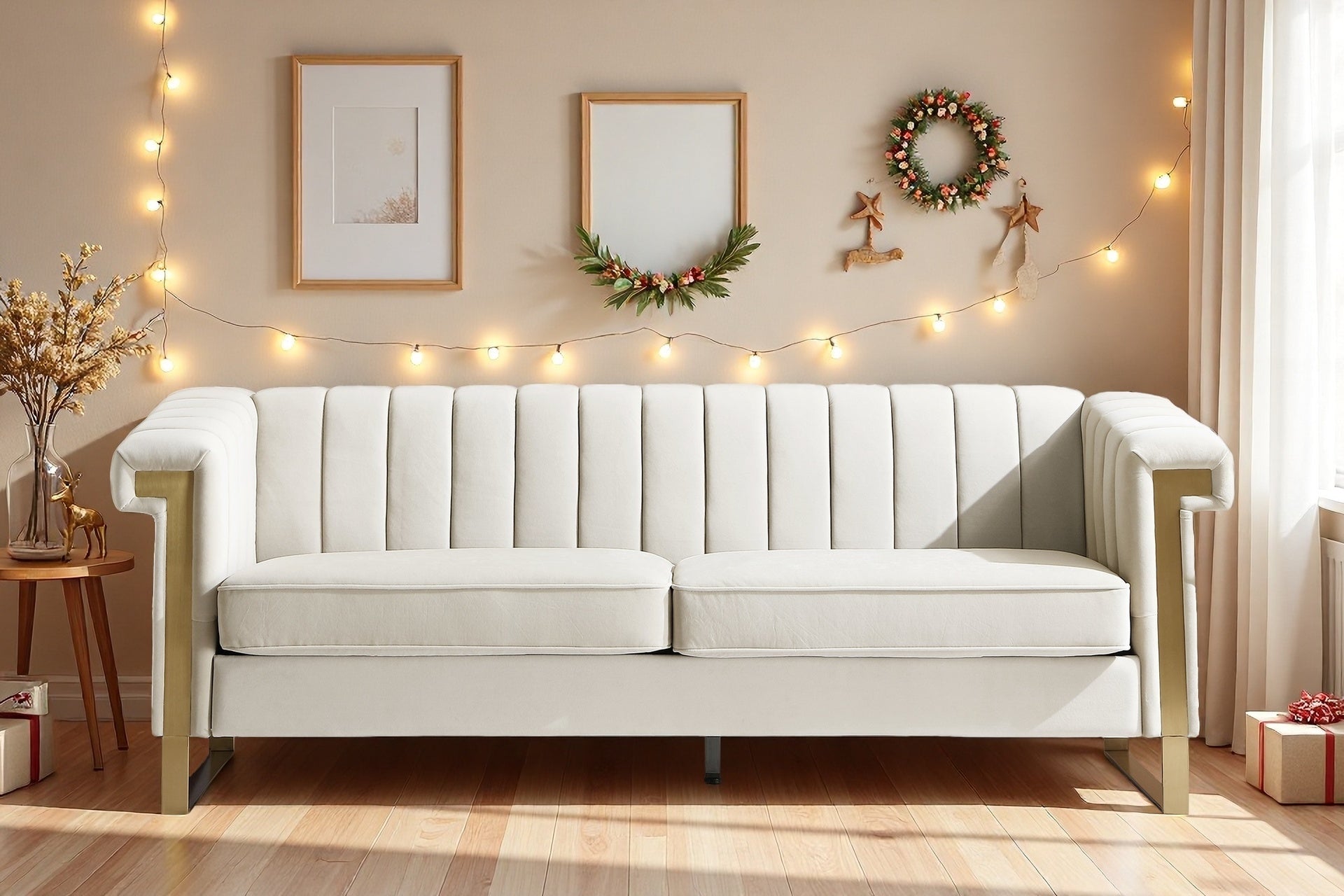 FX-P81-CW2  SOFA  Modern Cream Velvet Sofa with Gold Accents - Sleek Channel-Tufted Upholstery, 3-Seat Couch for Living Room and Office Decor(TEMU Suitable)