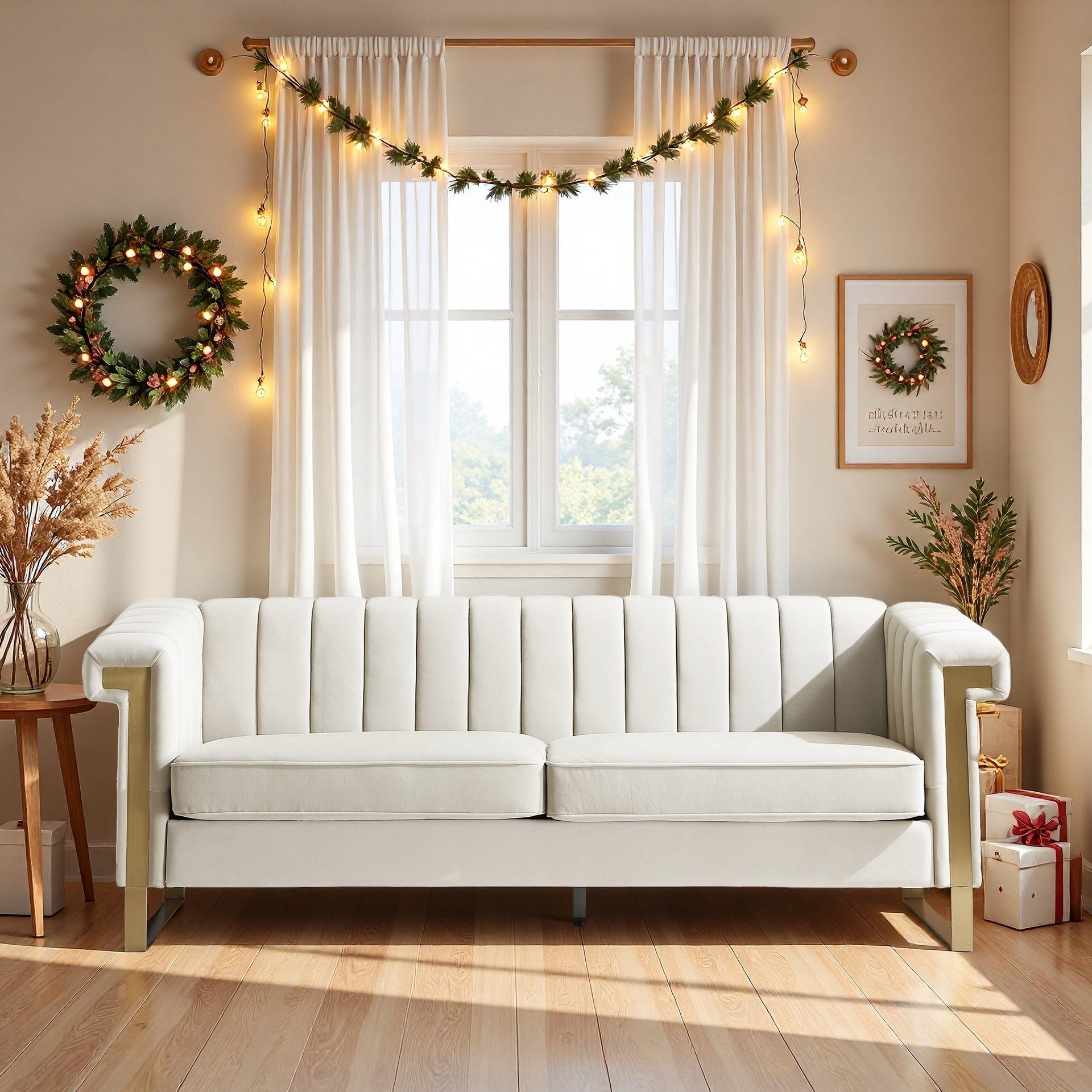 FX-P81-CW2  SOFA  Modern Cream Velvet Sofa with Gold Accents - Sleek Channel-Tufted Upholstery, 3-Seat Couch for Living Room and Office Decor(TEMU Suitable)
