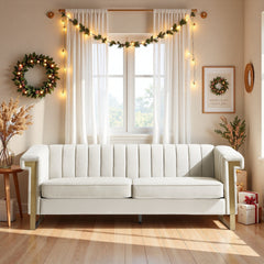 FX-P81-CW2  SOFA  Modern Cream Velvet Sofa with Gold Accents - Sleek Channel-Tufted Upholstery, 3-Seat Couch for Living Room and Office Decor(TEMU Suitable)