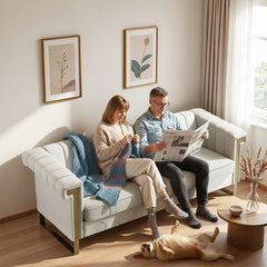 FX-P81-CW2  SOFA  Modern Cream Velvet Sofa with Gold Accents - Sleek Channel-Tufted Upholstery, 3-Seat Couch for Living Room and Office Decor(TEMU Suitable)