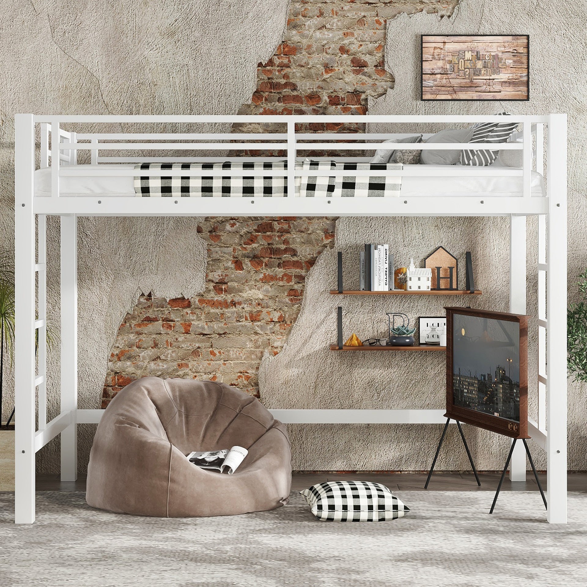 Twin XL Size Metal Loft Bed, Loft Bed with Easy Climbing Ladder and Guardrails , White