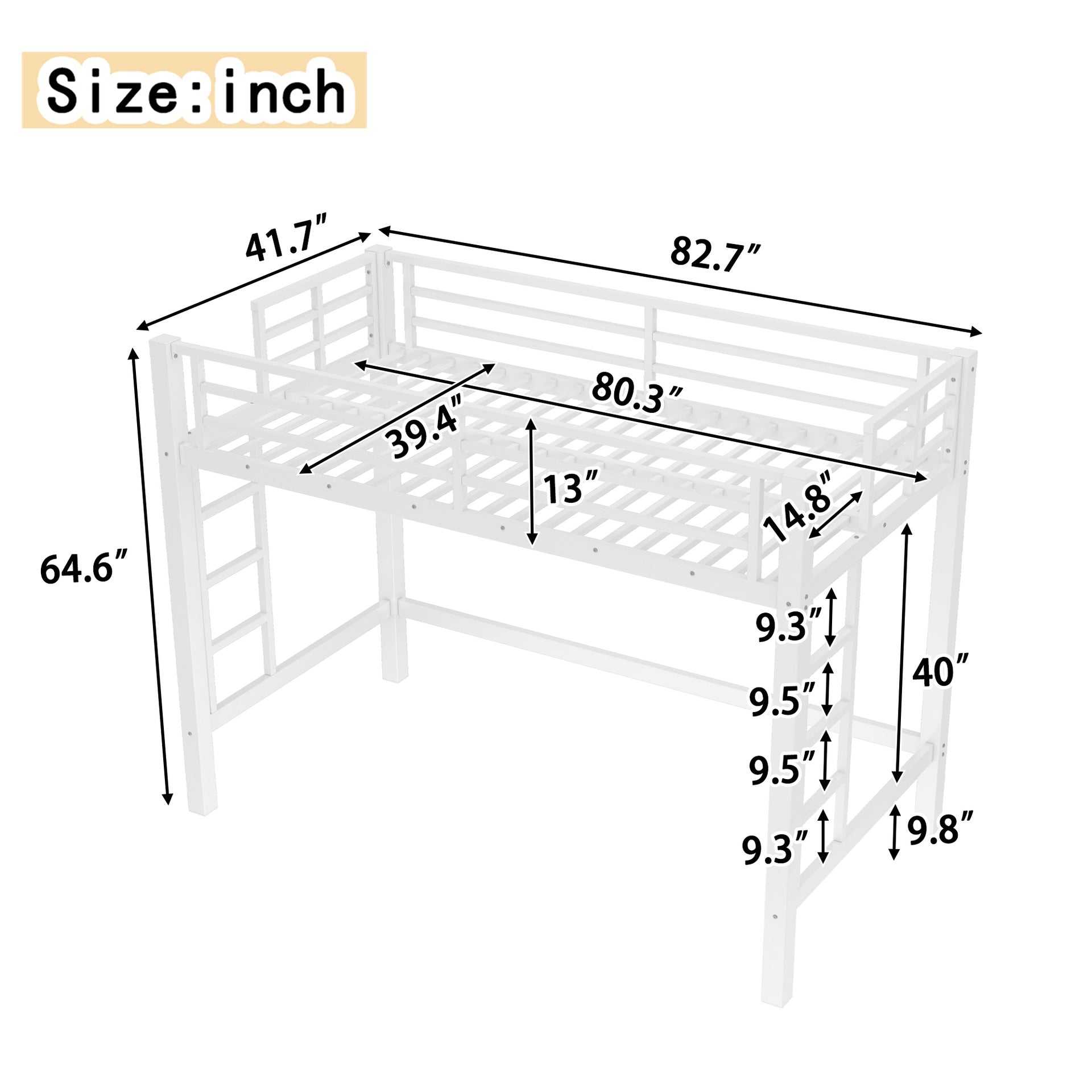 Twin XL Size Metal Loft Bed, Loft Bed with Easy Climbing Ladder and Guardrails , White