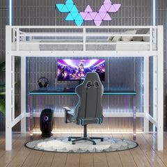 Full Size Metal Loft Bed, Loft Bed with Easy Climbing Ladder and Guardrails , White