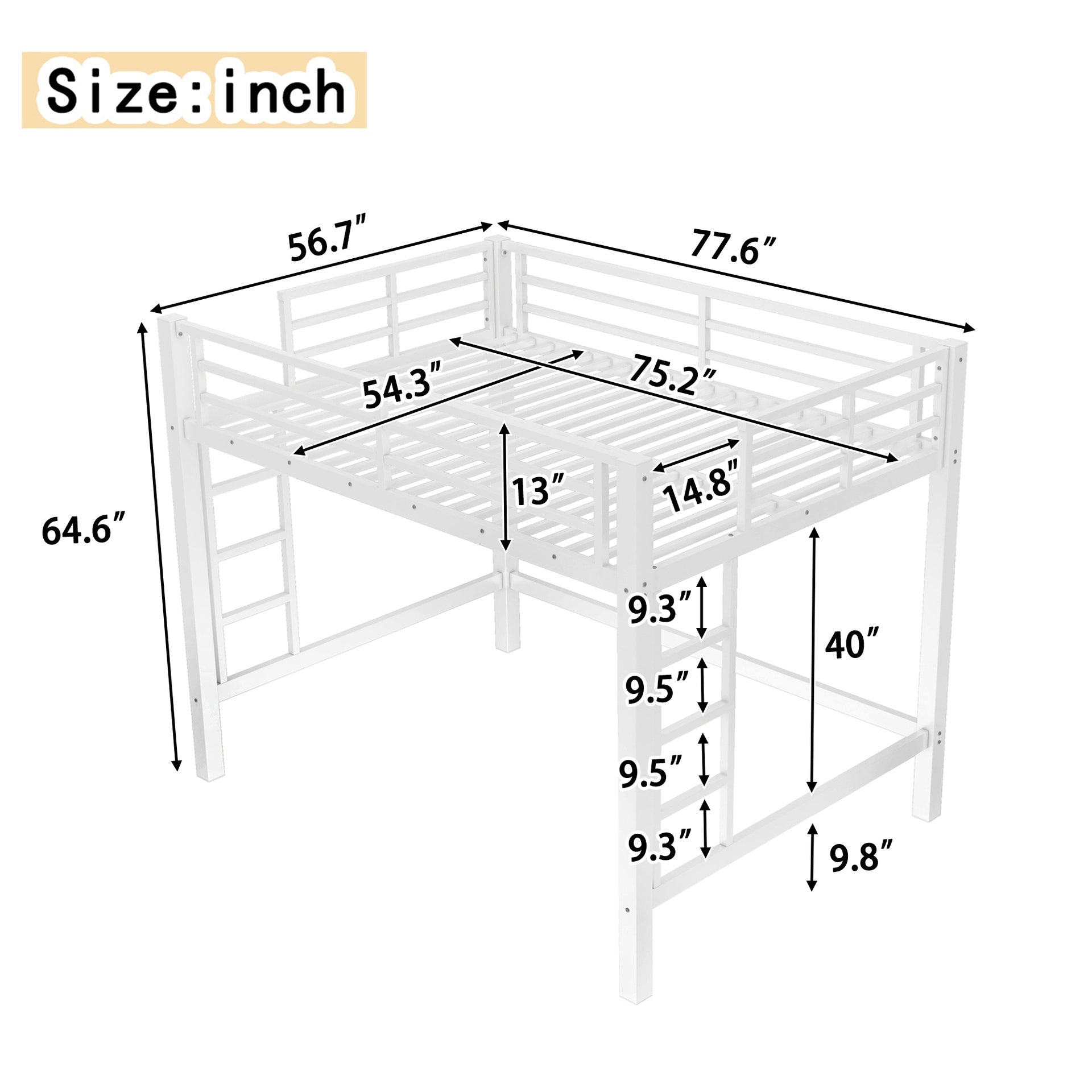 Full Size Metal Loft Bed, Loft Bed with Easy Climbing Ladder and Guardrails , White
