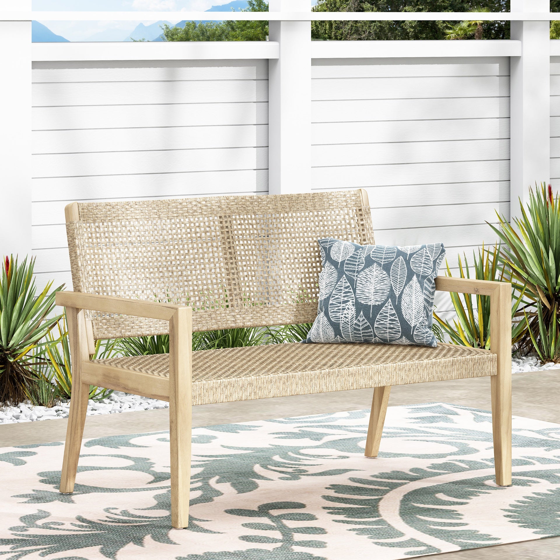 Outdoor Wicker and Acacia Wood Loveseat, Light Multibrown and Light Brown, 34'' H X 46.5'' W X 27.25'' D