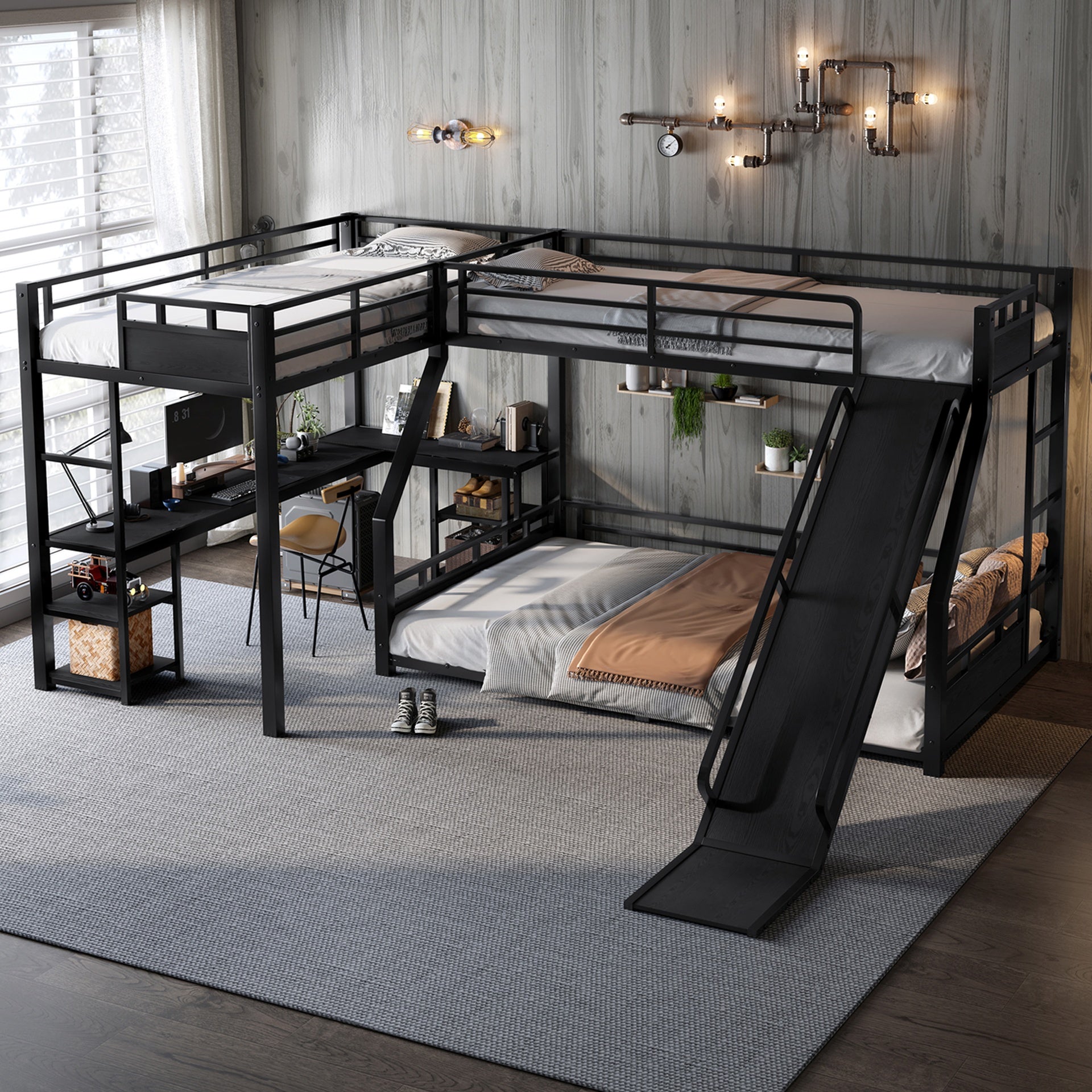 L-Shaped Metal Bunk Bed (Top bed: twin xl, bottom bed: queen) with Single Loft Bed, Desk, and Storage Shelves, USB Charging Port Included - Metal Triple Bunk Bed with Slide,Black