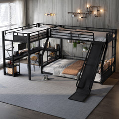 L-Shaped Metal Bunk Bed (Top bed: twin xl, bottom bed: queen) with Single Loft Bed, Desk, and Storage Shelves, USB Charging Port Included - Metal Triple Bunk Bed with Slide,Black