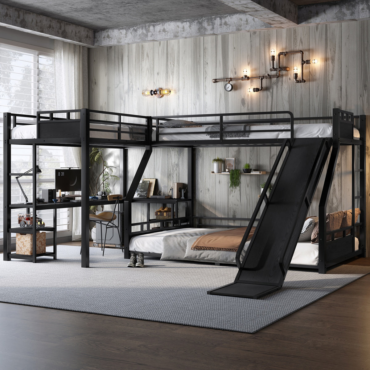 L-Shaped Metal Bunk Bed (Top bed: twin xl, bottom bed: queen) with Single Loft Bed, Desk, and Storage Shelves, USB Charging Port Included - Metal Triple Bunk Bed with Slide,Black