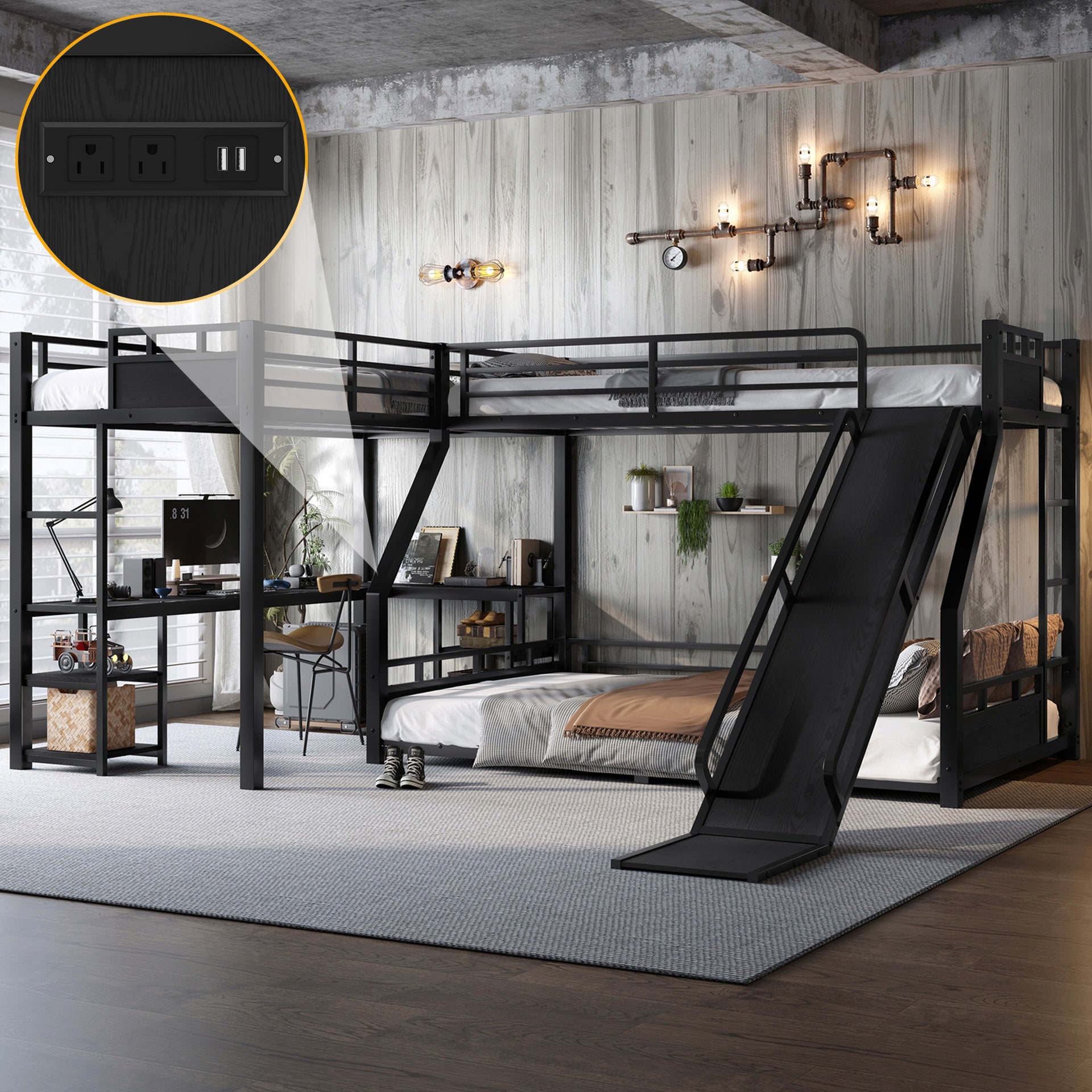 L-Shaped Metal Bunk Bed (Top bed: twin xl, bottom bed: queen) with Single Loft Bed, Desk, and Storage Shelves, USB Charging Port Included - Metal Triple Bunk Bed with Slide,Black