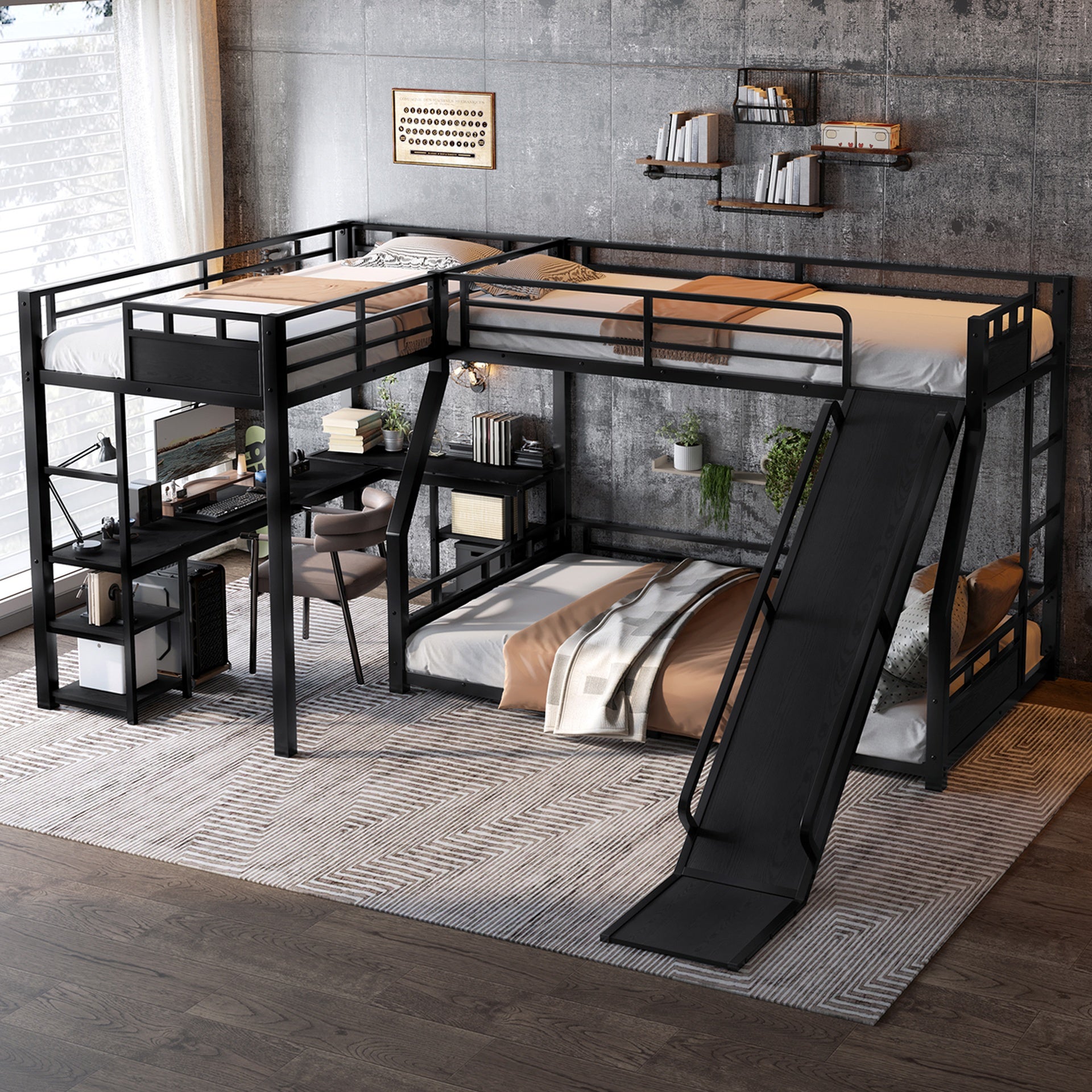 L-Shaped Metal Bunk Bed (Top bed: twin, bottom bed: full ) with Single Loft Bed, Desk, and Storage Shelves, USB Charging Port Included - Metal Triple Bunk Bed with Slide,Black