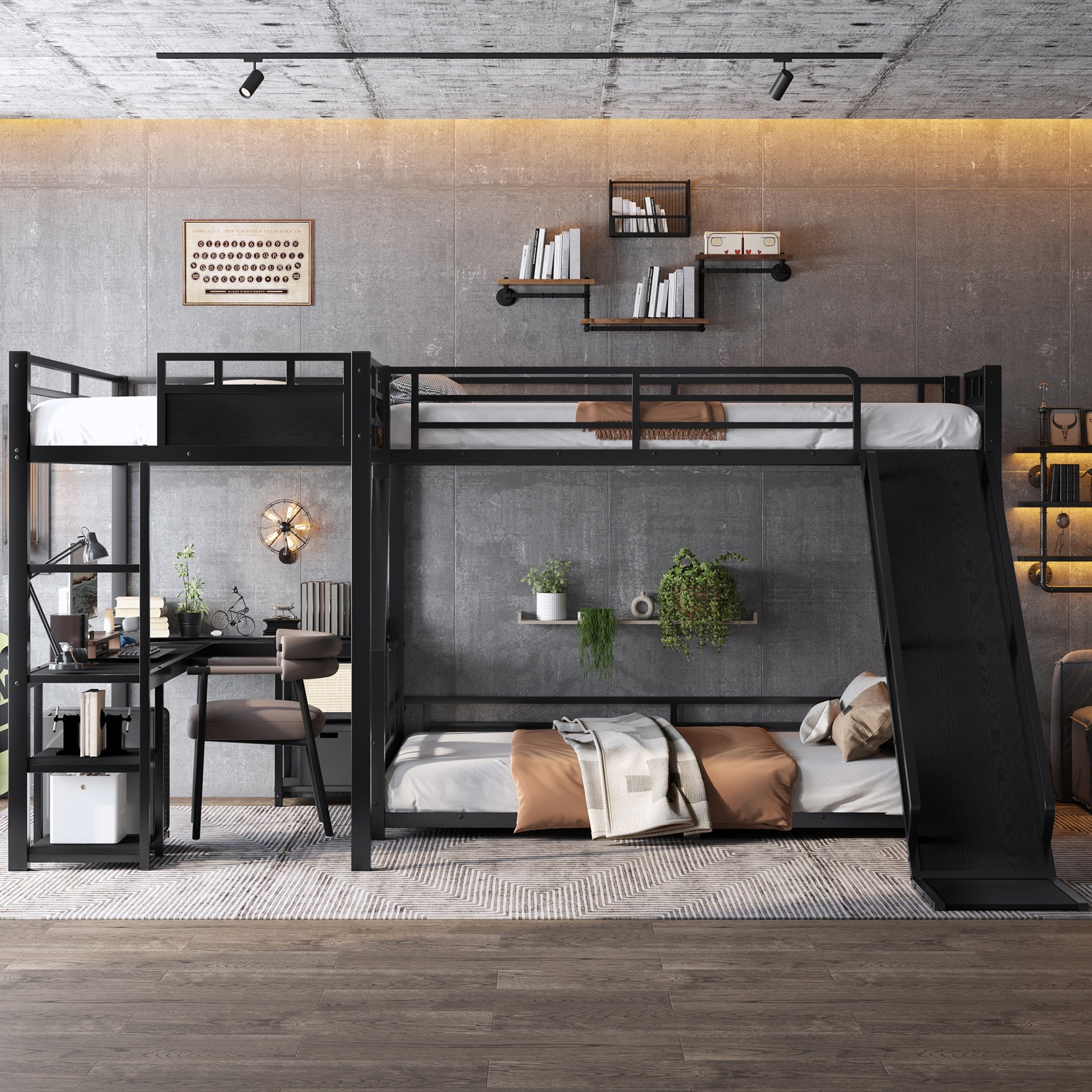 L-Shaped Metal Bunk Bed (Top bed: twin, bottom bed: full ) with Single Loft Bed, Desk, and Storage Shelves, USB Charging Port Included - Metal Triple Bunk Bed with Slide,Black