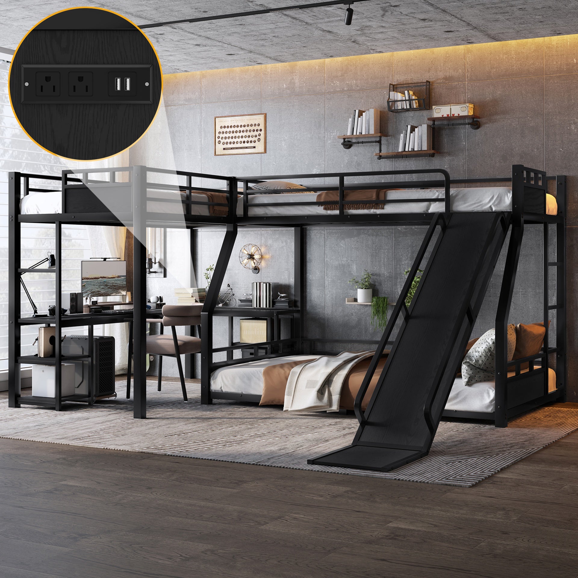 L-Shaped Metal Bunk Bed (Top bed: twin, bottom bed: full ) with Single Loft Bed, Desk, and Storage Shelves, USB Charging Port Included - Metal Triple Bunk Bed with Slide,Black