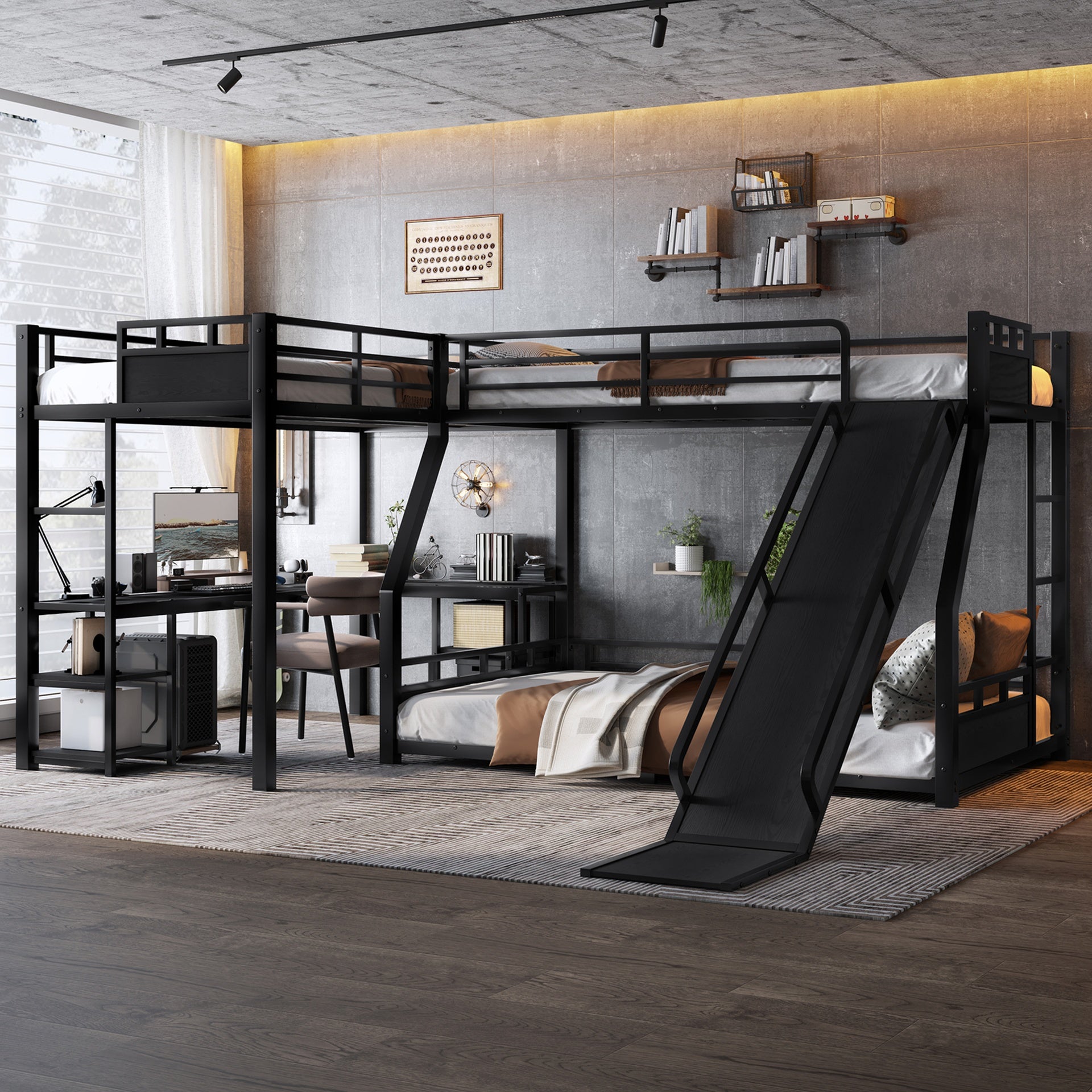 L-Shaped Metal Bunk Bed (Top bed: twin, bottom bed: full ) with Single Loft Bed, Desk, and Storage Shelves, USB Charging Port Included - Metal Triple Bunk Bed with Slide,Black