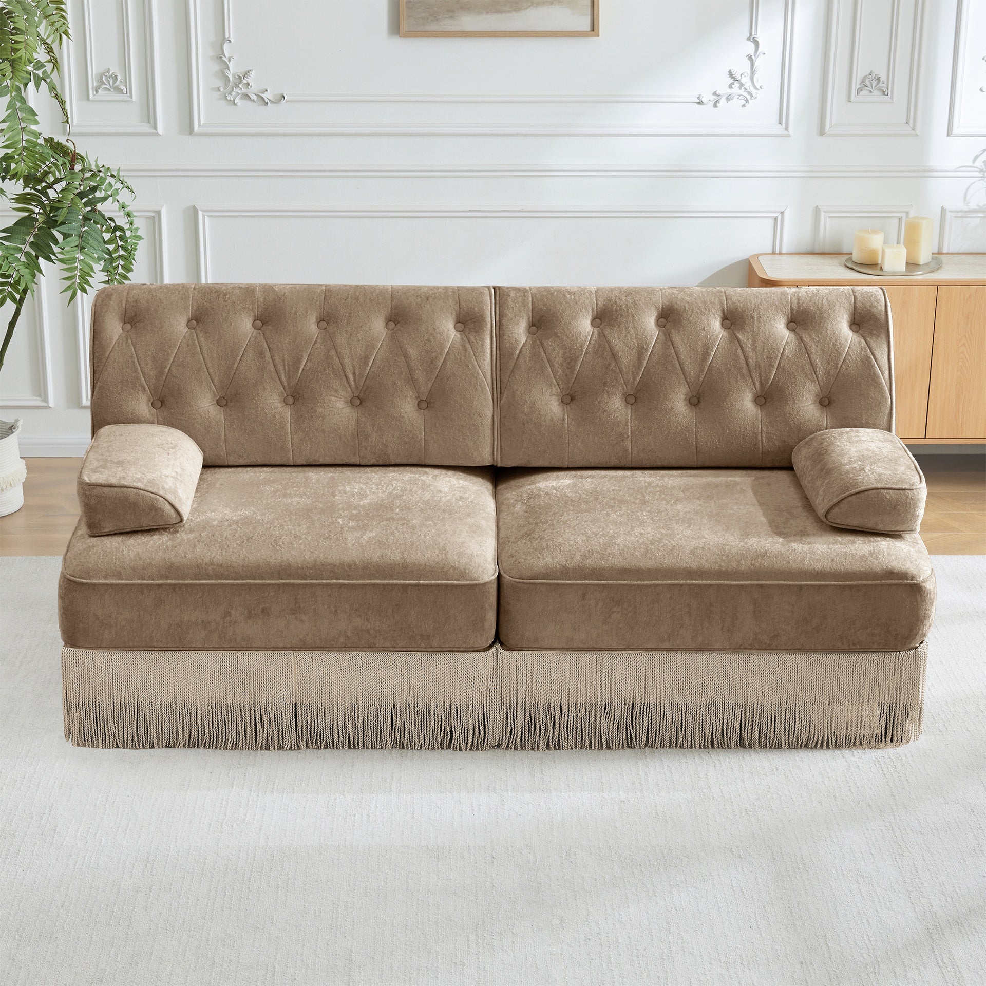 Soft Velvet Fabric Chesterfield Style Sofa,Button Tufted Design,Floor-grazing Tassel Fringe Skirt,Easy to Assemble,Free Combination,For Living Rooms Rest Areas Bedroom,Camel