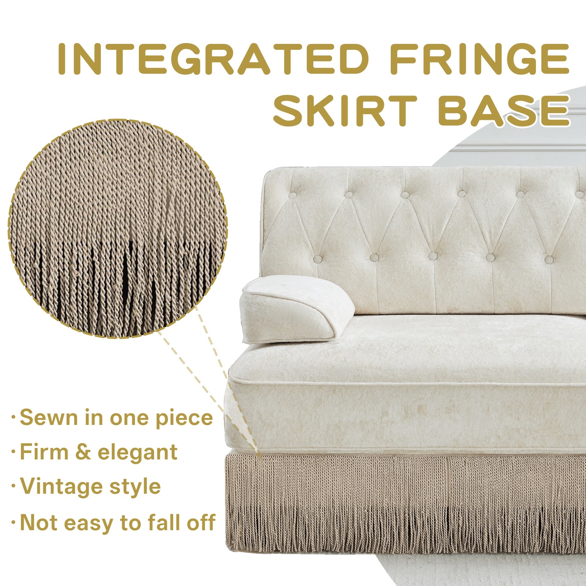 L-Shaped Breathable Comfort Velvet Fabric,Tassel Skirt Chesterfield Style Sofa,Free Combination,Slightly Curved Square Armrests,Premium Wooden Base,Easy to Assemble,For Living Room,Bedroom,Beige