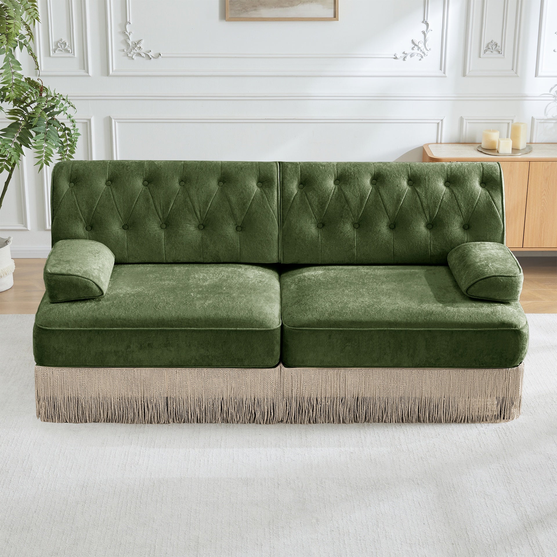 Soft Velvet Fabric Chesterfield Style Sofa,Button Tufted Design,Floor-grazing Tassel Fringe Skirt,Easy to Assemble,Free Combination,For Living Rooms Rest Areas Bedroom,Green