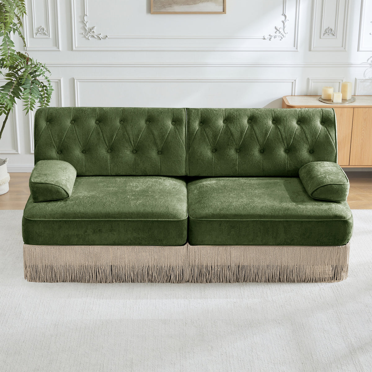 Soft Velvet Fabric Chesterfield Style Sofa,Button Tufted Design,Floor-grazing Tassel Fringe Skirt,Easy to Assemble,Free Combination,For Living Rooms Rest Areas Bedroom,Green