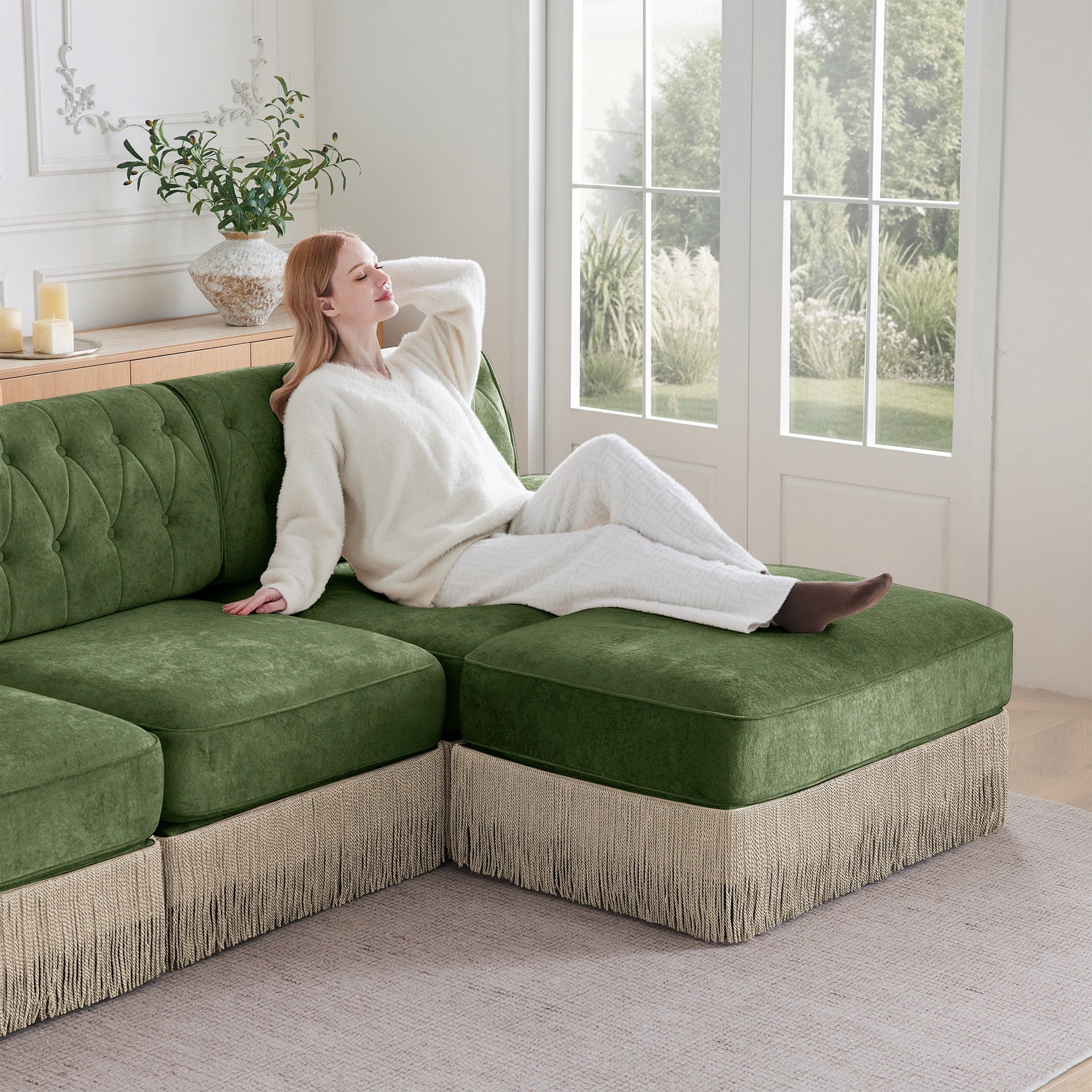 Soft Velvet Fabric Chesterfield Style Sofa,Button Tufted Design,Floor-grazing Tassel Fringe Skirt,Easy to Assemble,Free Combination,For Living Rooms Rest Areas Bedroom,Green