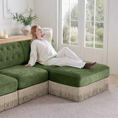 Soft Velvet Fabric Chesterfield Style Sofa,Button Tufted Design,Floor-grazing Tassel Fringe Skirt,Easy to Assemble,Free Combination,For Living Rooms Rest Areas Bedroom,Green