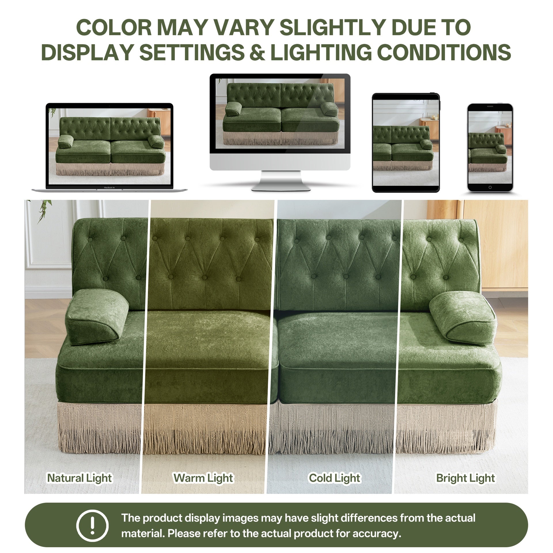 L-Shaped Breathable Comfort Velvet Fabric,Tassel Skirt Chesterfield Sofa ,Free Combination,Slightly Curved Square Armrests,Premium Wooden Base,Easy to Assemble,For Living Room,Bedroom,Green