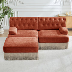 L-Shaped Breathable Comfort Velvet Fabric,Tassel Skirt Chesterfield Sofa ,Free Combination,Slightly curved square armrests,Premium Wooden Base ,Easy to Assemble,For Living Room,Bedroom,Red Brown