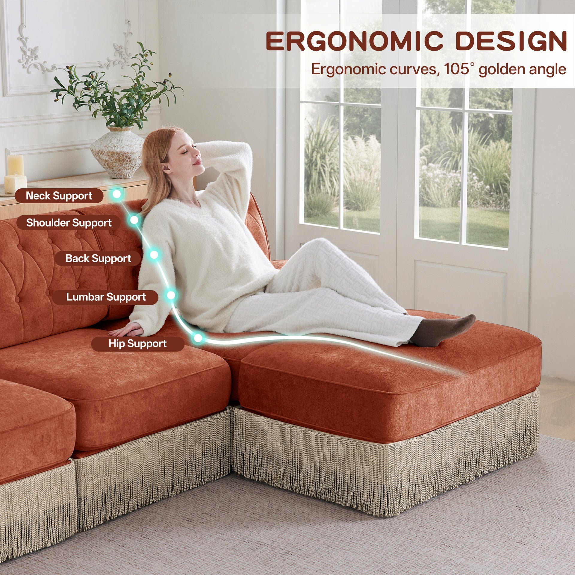 L-Shaped Breathable Comfort Velvet Fabric,Tassel Skirt Chesterfield Sofa ,Free Combination,Slightly curved square armrests,Premium Wooden Base ,Easy to Assemble,For Living Room,Bedroom,Red Brown