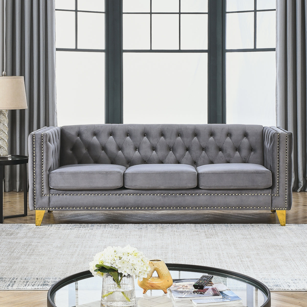 Velvet Sofa for Living Room,Buttons Tufted Square Arm Couch, Modern Couch Upholstered Button and Metal Legs, Sofa Couch for Bedroom, Grey Velvet(W834S00020)