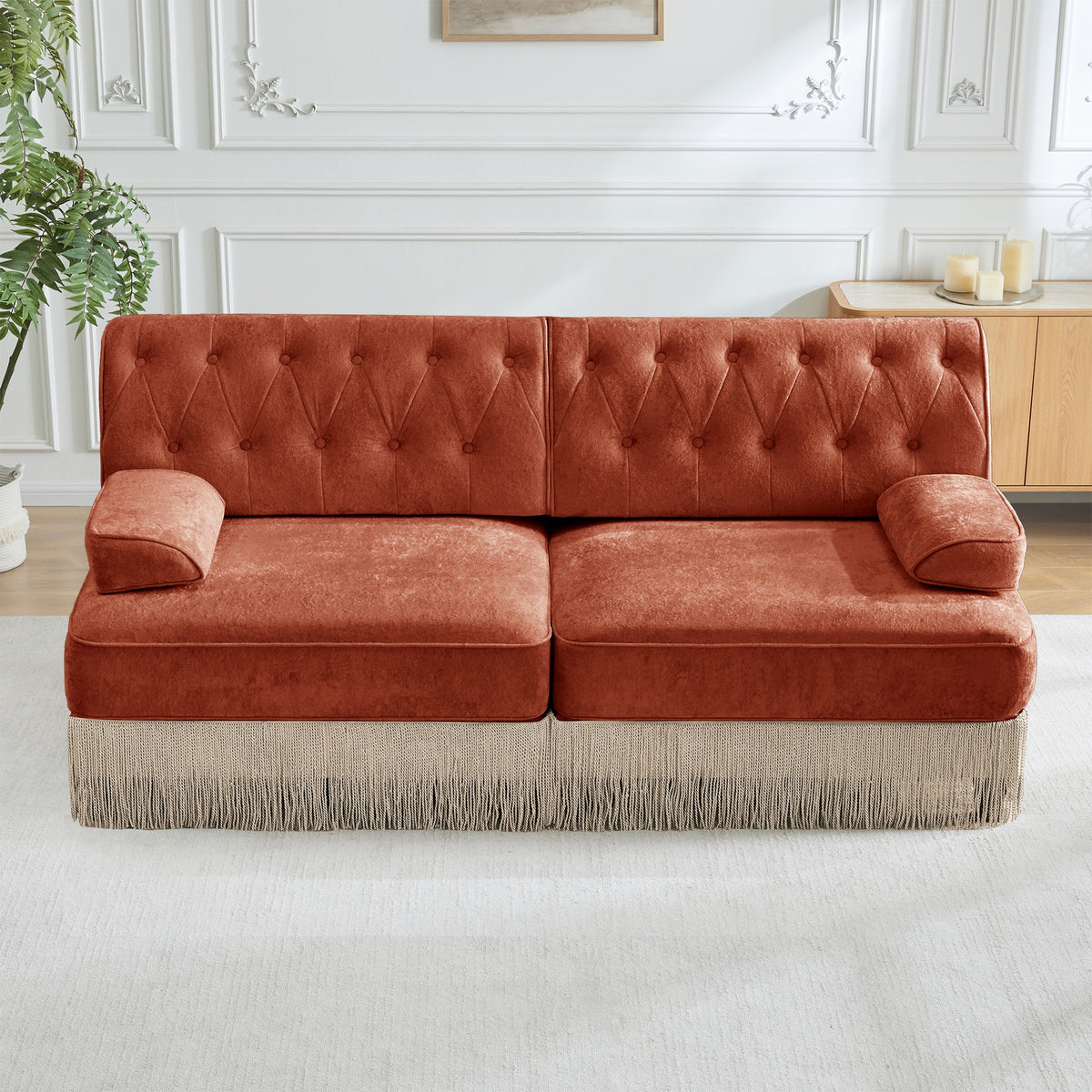 Soft Velvet Fabric Chesterfield Style Sofa,Button Tufted Design,Floor-grazing Tassel Fringe Skirt,Easy to Assemble,Free Combination,For Living Rooms Rest Areas Bedroom,Red Brown