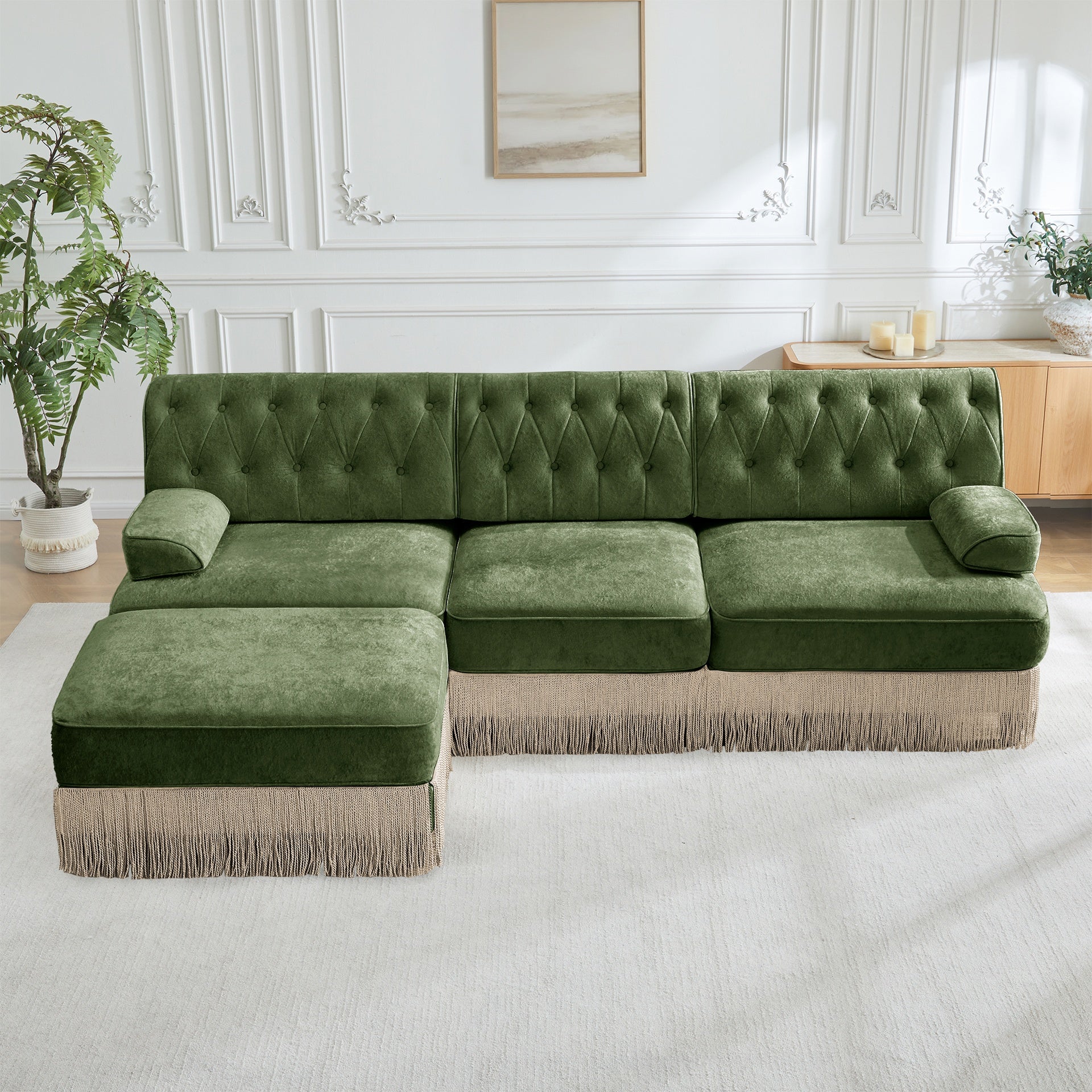 3-Seater High Quality Velvet Fabric,Cloud Modular Sectional,Tassel Skirt,Button Tufted Design,High-density High Resilience Foam,Easy to Assemble,Premium Wooden Base,For Living Room Study,Green