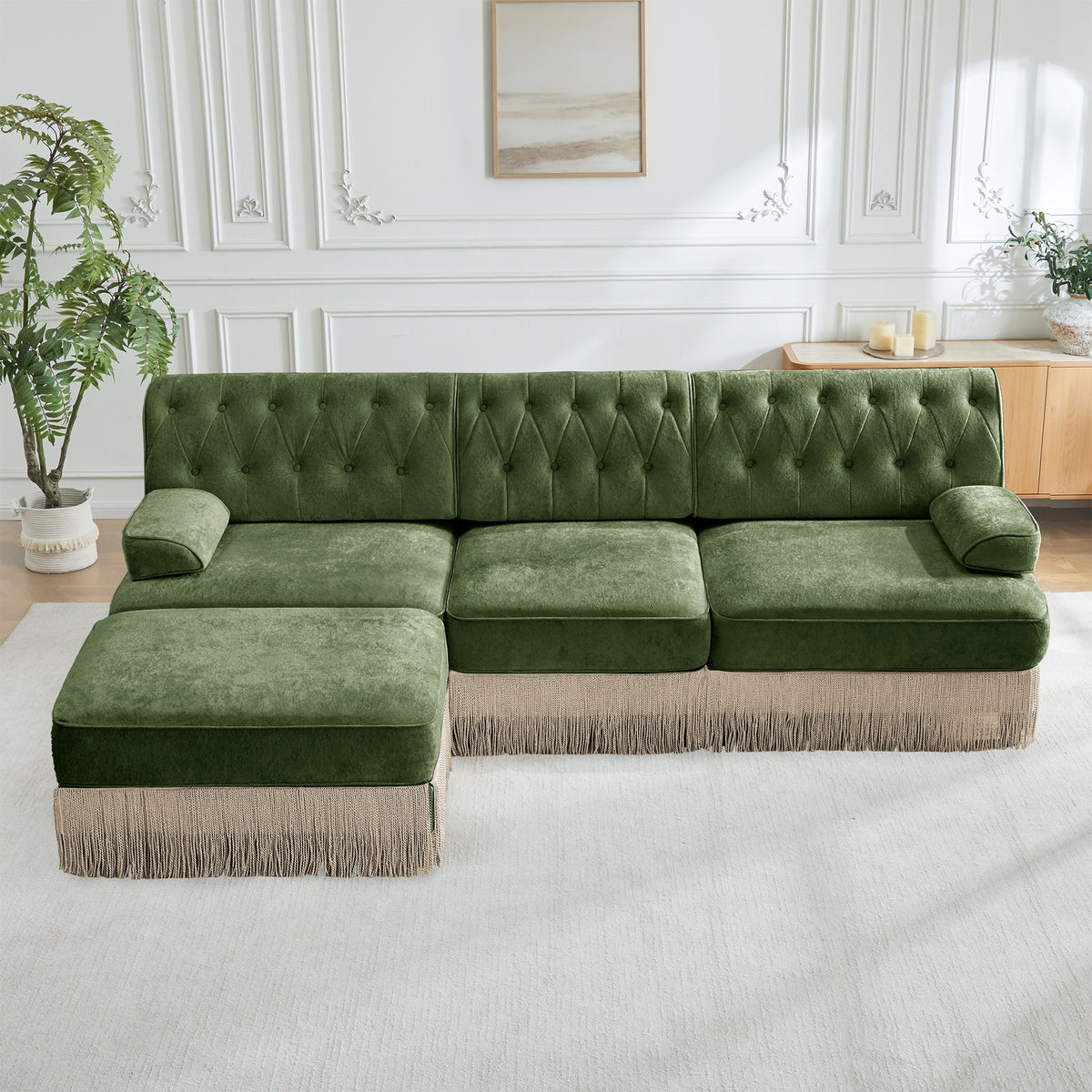 3-Seater High Quality Velvet Fabric,Cloud Modular Sectional,Tassel Skirt,Button Tufted Design,High-density High Resilience Foam,Easy to Assemble,Premium Wooden Base,For Living Room Study,Green