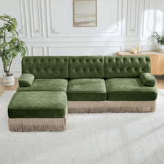 3-Seater High Quality Velvet Fabric,Cloud Modular Sectional,Tassel Skirt,Button Tufted Design,High-density High Resilience Foam,Easy to Assemble,Premium Wooden Base,For Living Room Study,Green
