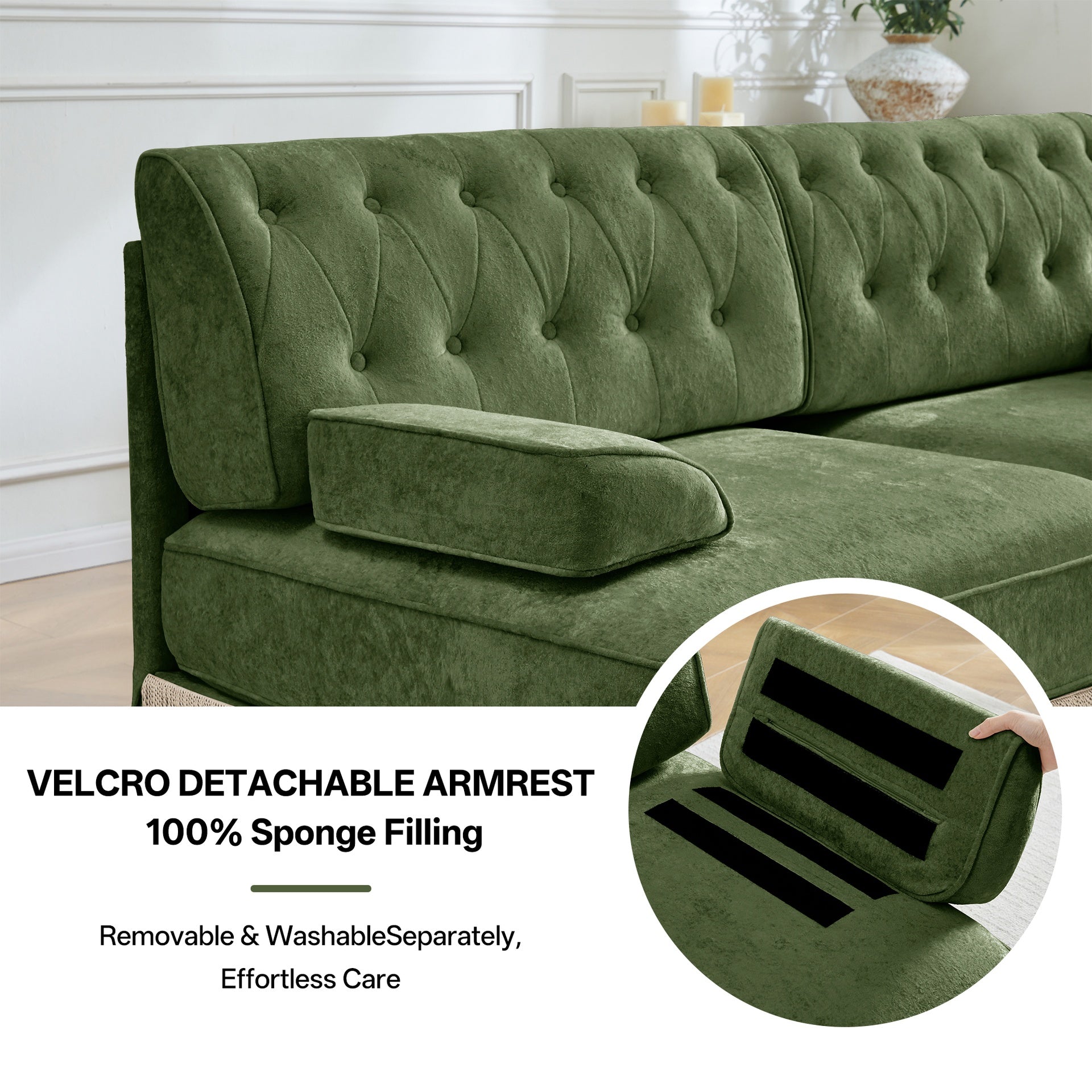 3-Seater Pet-friendly,Velvet Fabric,Floor-grazing Tassel Fringe Skirt,Button Tufted Design,Premium Wooden Base,Ergonomic design,Free Combination,For Living Rooms Rest Areas Bedroom,Green