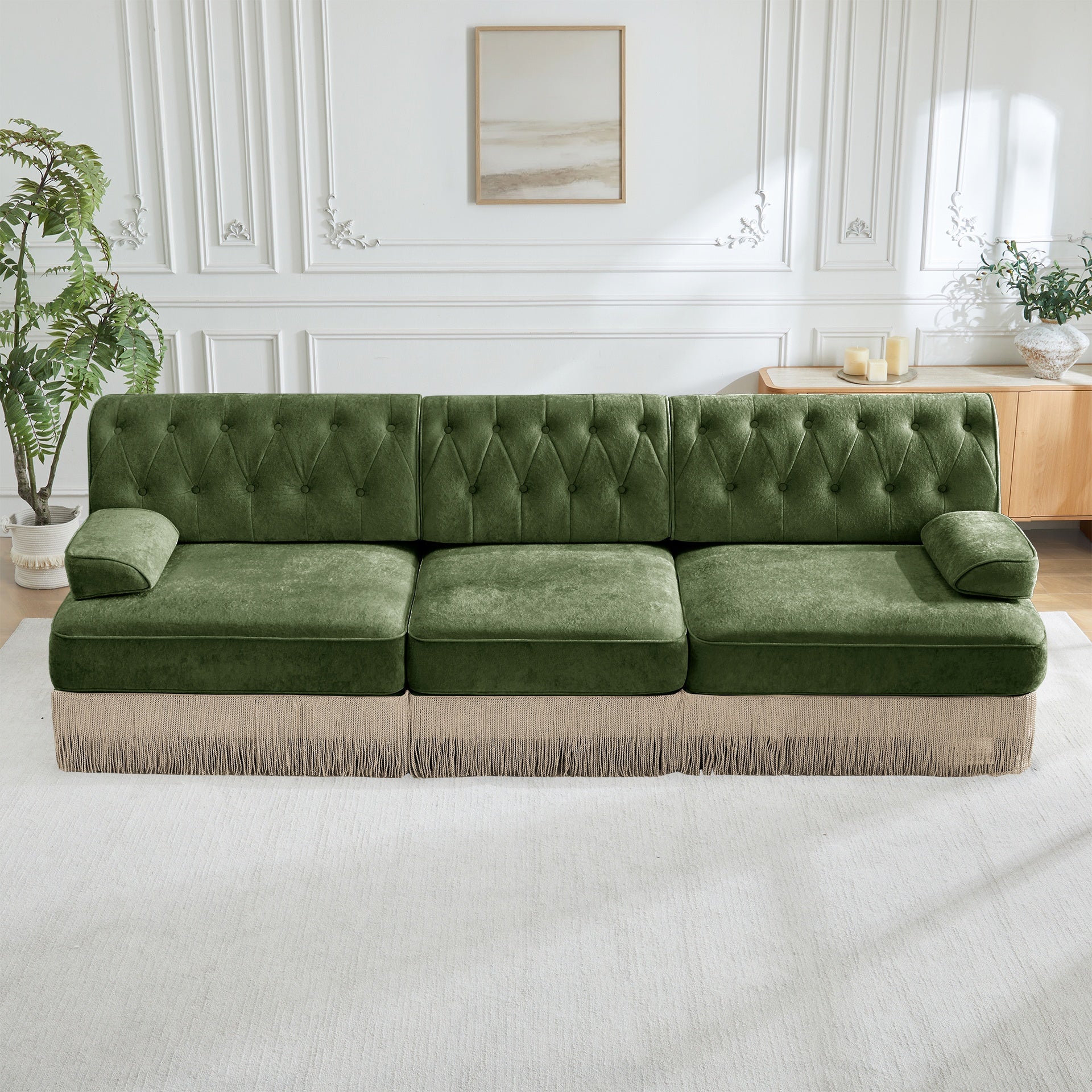 3-Seater Pet-friendly,Velvet Fabric,Floor-grazing Tassel Fringe Skirt,Button Tufted Design,Premium Wooden Base,Ergonomic design,Free Combination,For Living Rooms Rest Areas Bedroom,Green